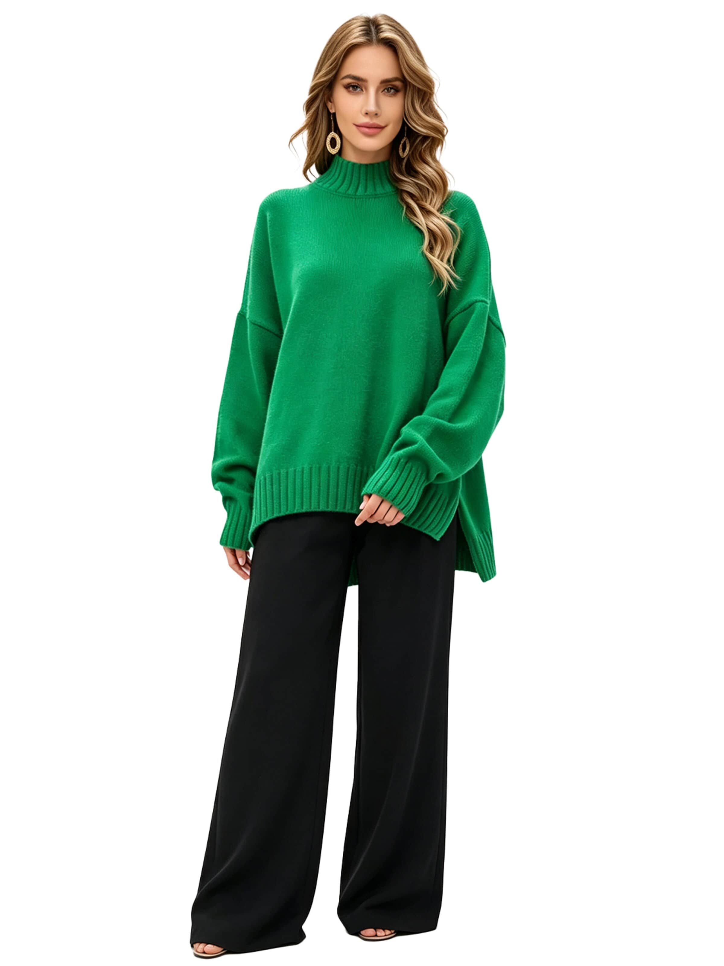 KoJooin Sweter 'Damen Halbhoher Rollkragenpullover – Lockerer, Gestrickter Pullover mit Rippstruktur für Freizeit' w kolorze zielony