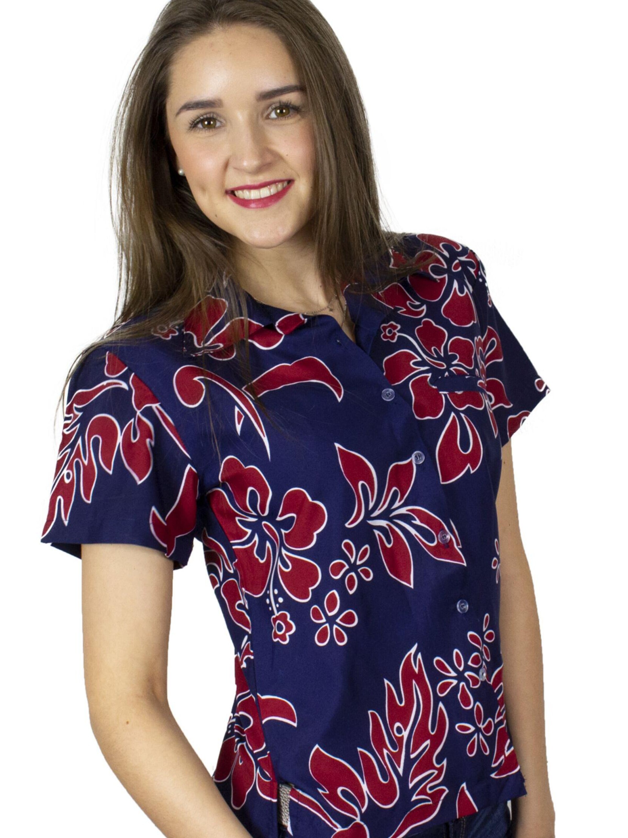 Camicia da donna 'Hibiscus Blue Line' di King Kameha in rosso