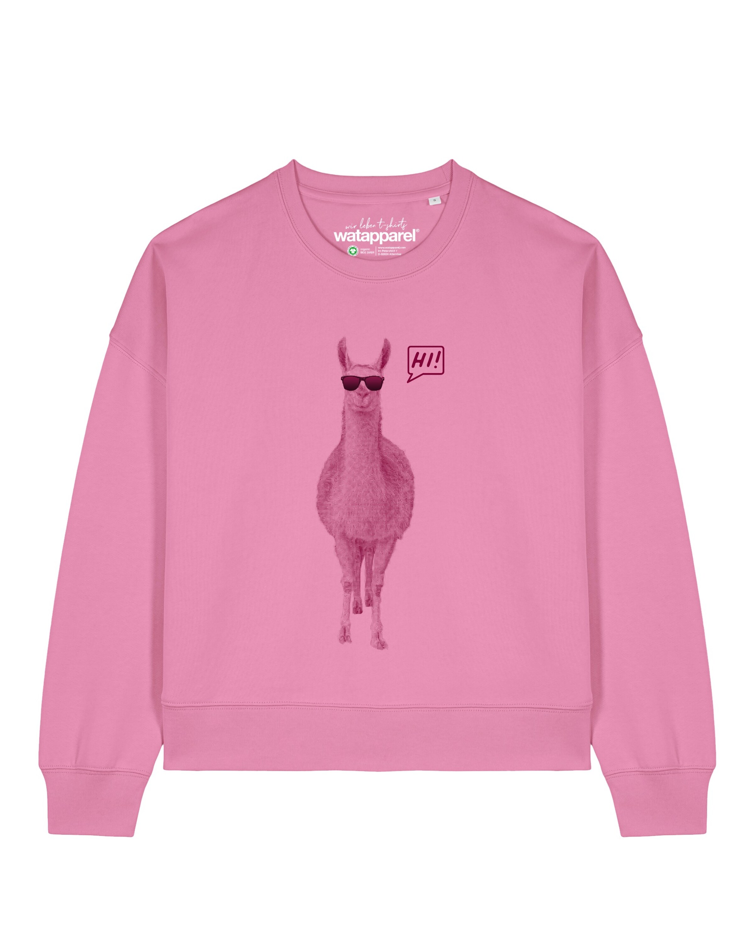 Watapparel Sweatshirt ' Lama sagt Hi ' in Roze: voorkant