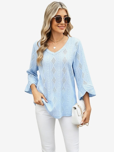 KoJooin Shirt 'Damen V‑Ausschnitt Diamantmuster Jacquard Lockerer Schlagärmel T‑Shirt, sieben Viertel Ärmel' in XXL/Regular in Light blue, Item view