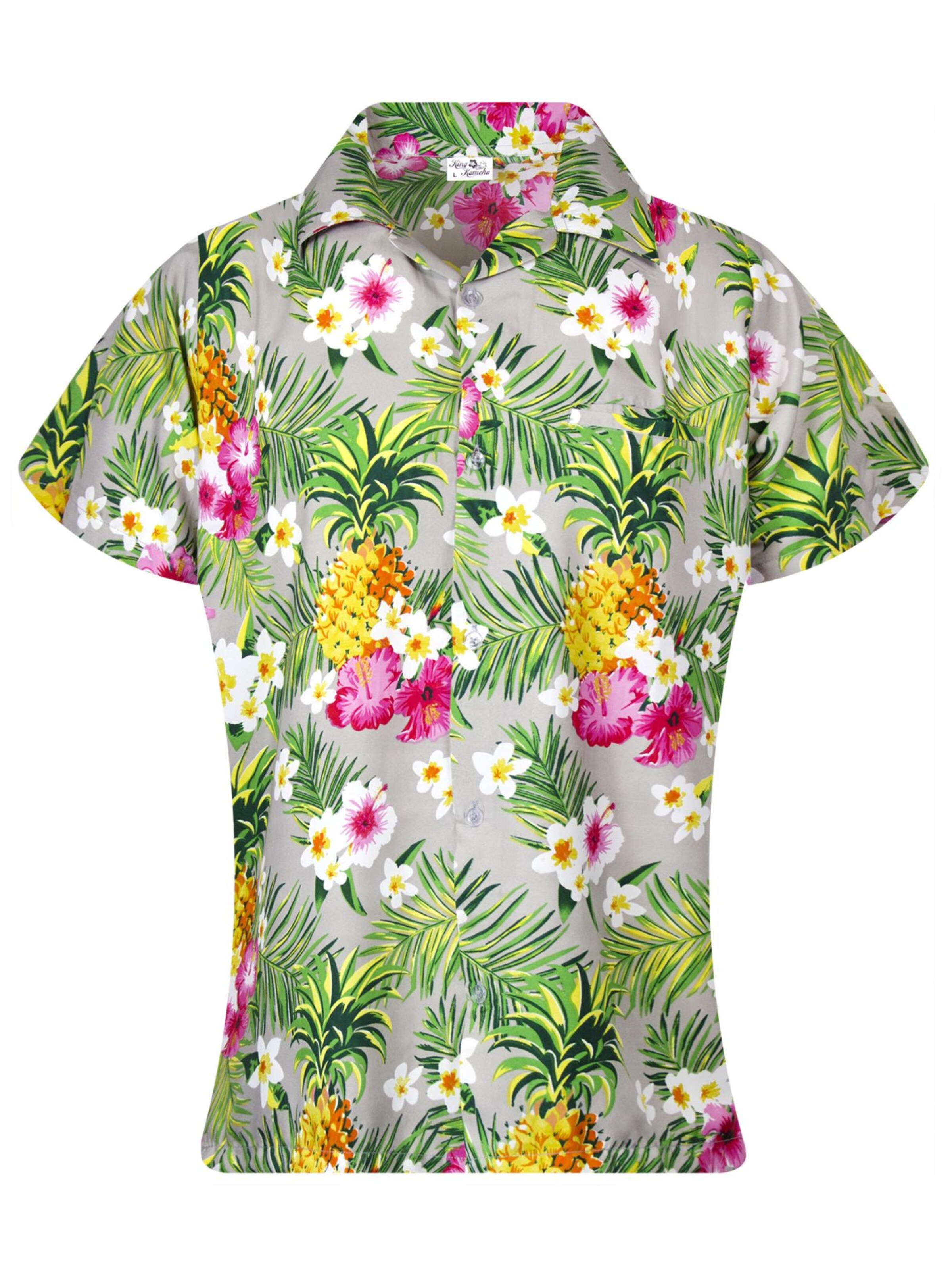 King Kameha Blouse 'Pineapple Flowers' in Grey: front