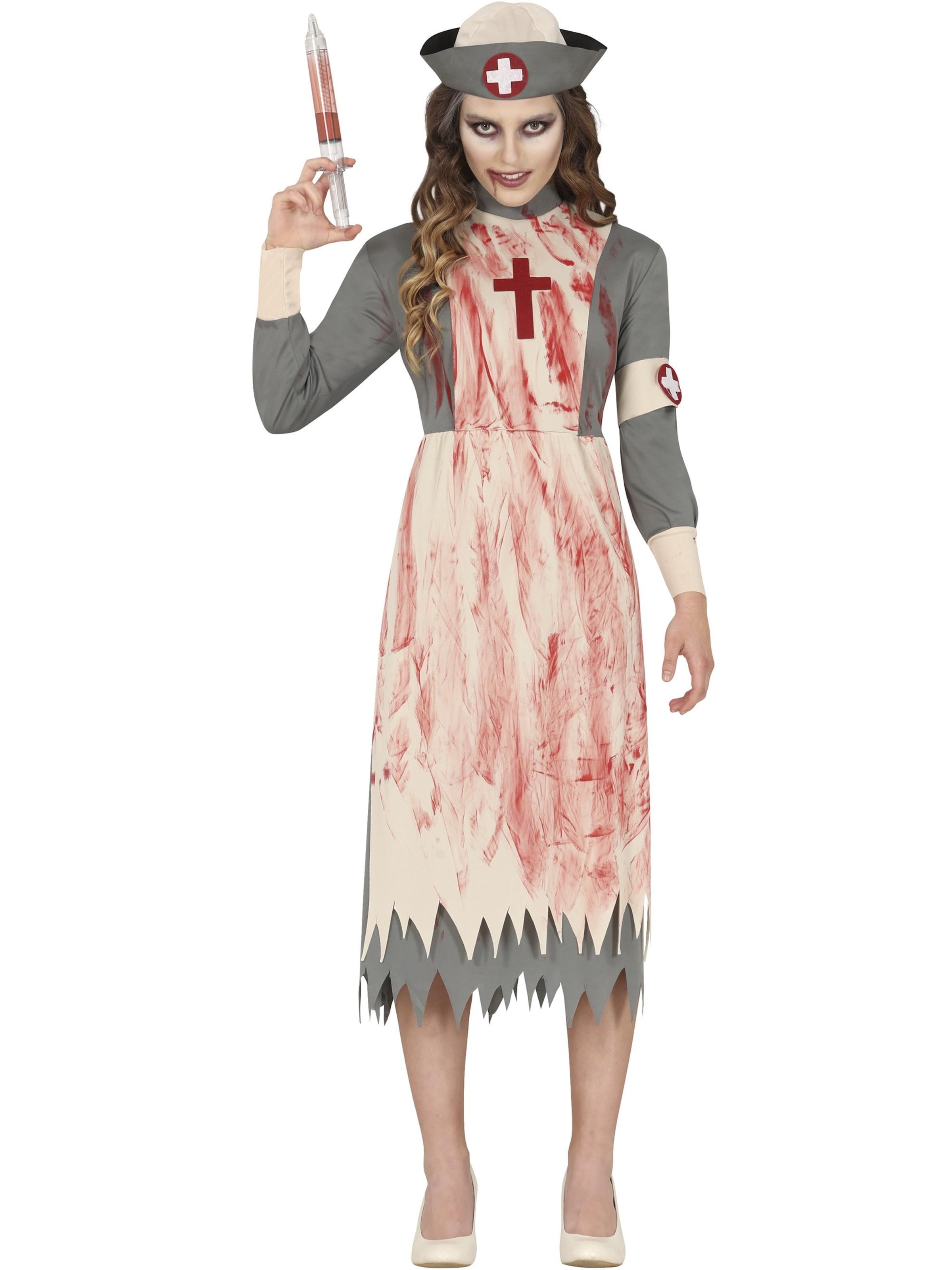 FreakyFits Kleid 'Zombie Krankenschwester Halloween Grusel Outfit Blutige Verkleidung'‌‌‌‌‌‌‌‌ in Grau: Vorderseite