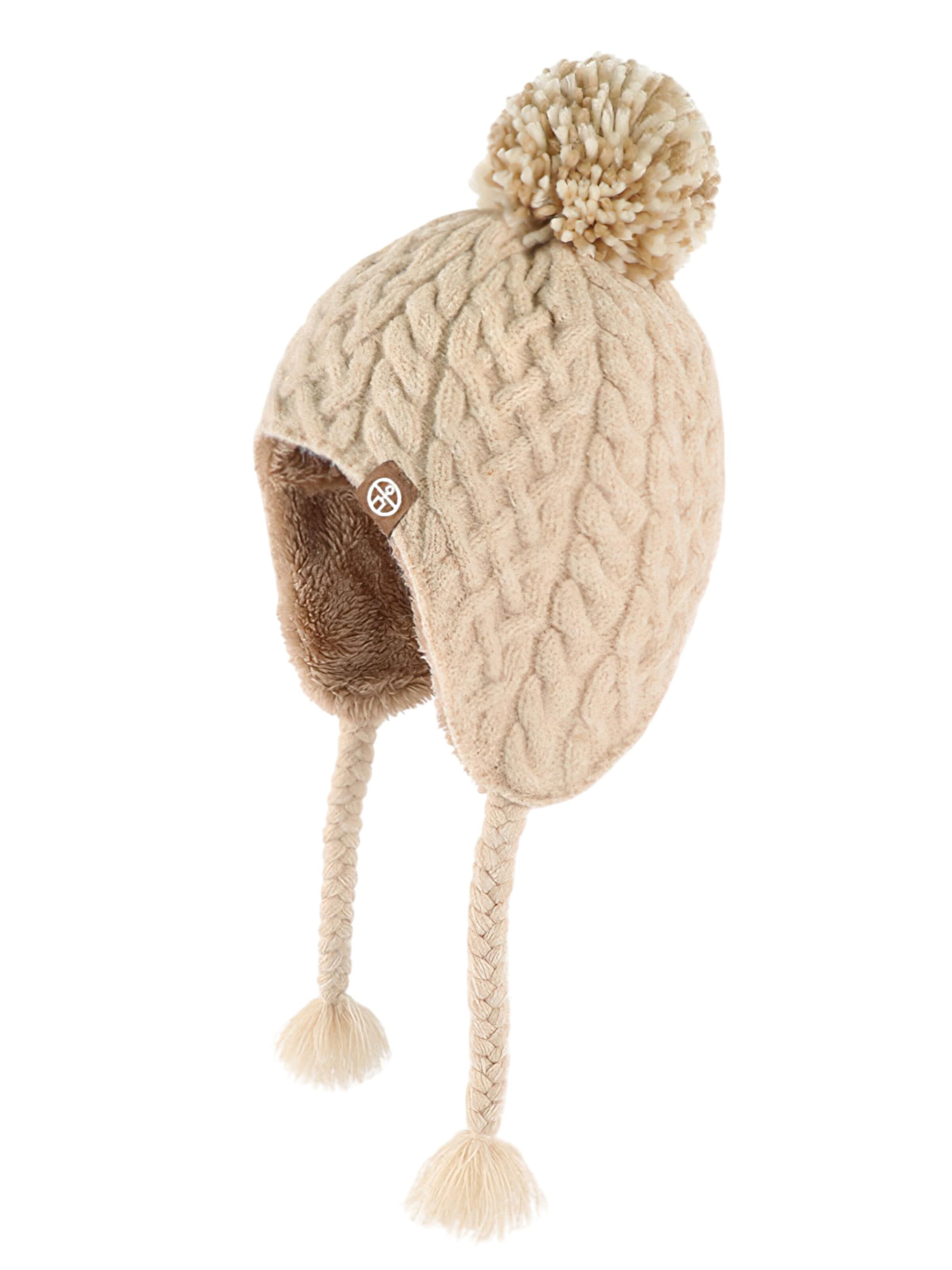 Magicshe Beanie 'Kinder Wintermütze mit Bommel, warmem Futter und langem Ohrenschutz' in Beige: front