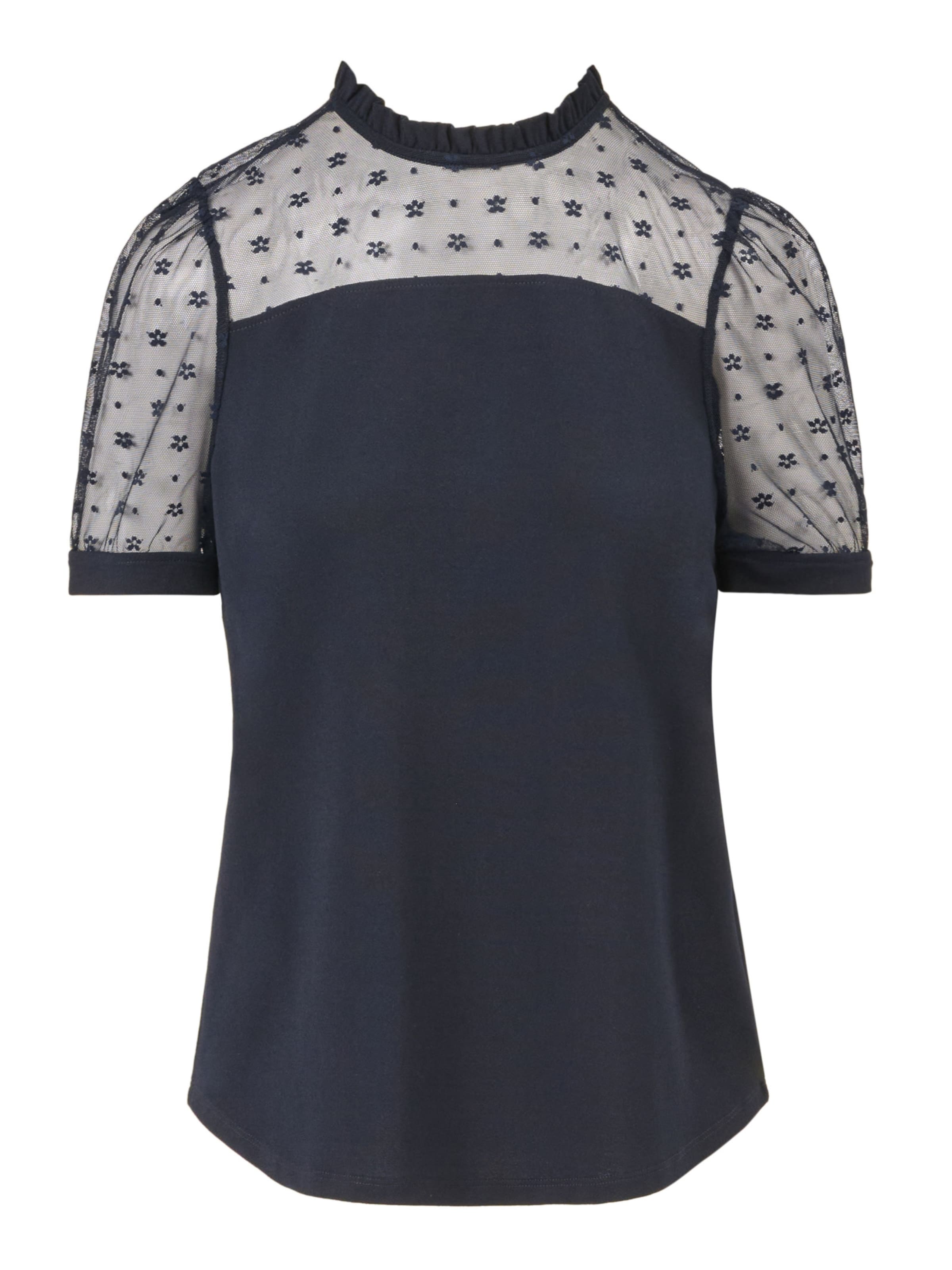 Adrianna Papell Kurzarmbluse 'Floral Mesh Yoke & Short Sleeve Ruffle Neck Top' in Blau: Vorderseite