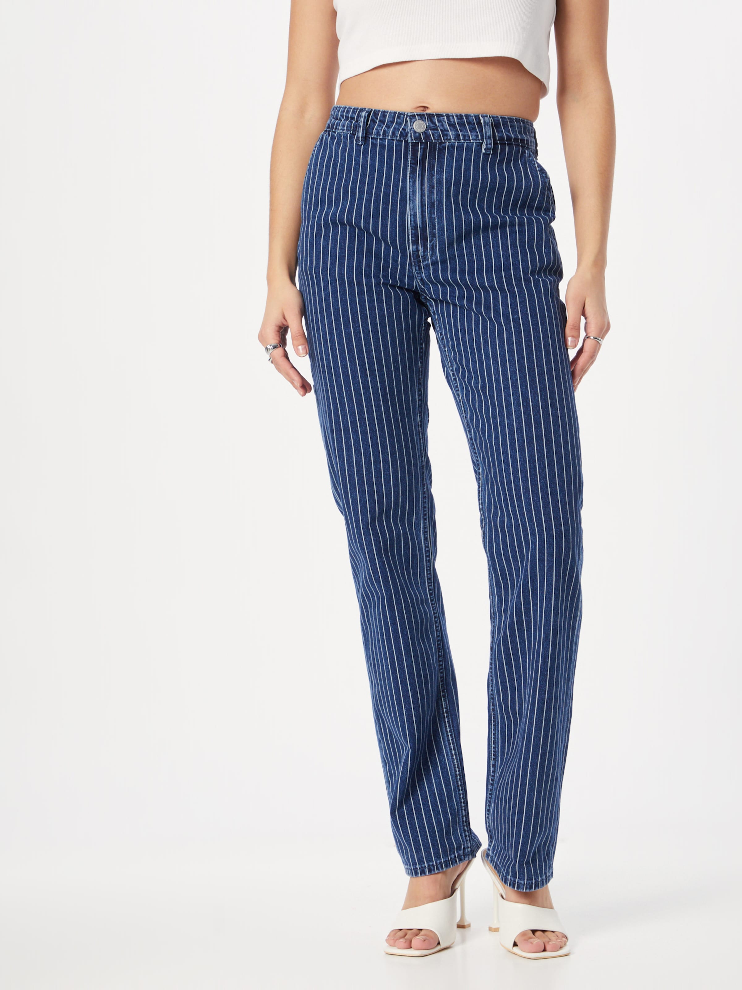 Blue and white striped jeans deals