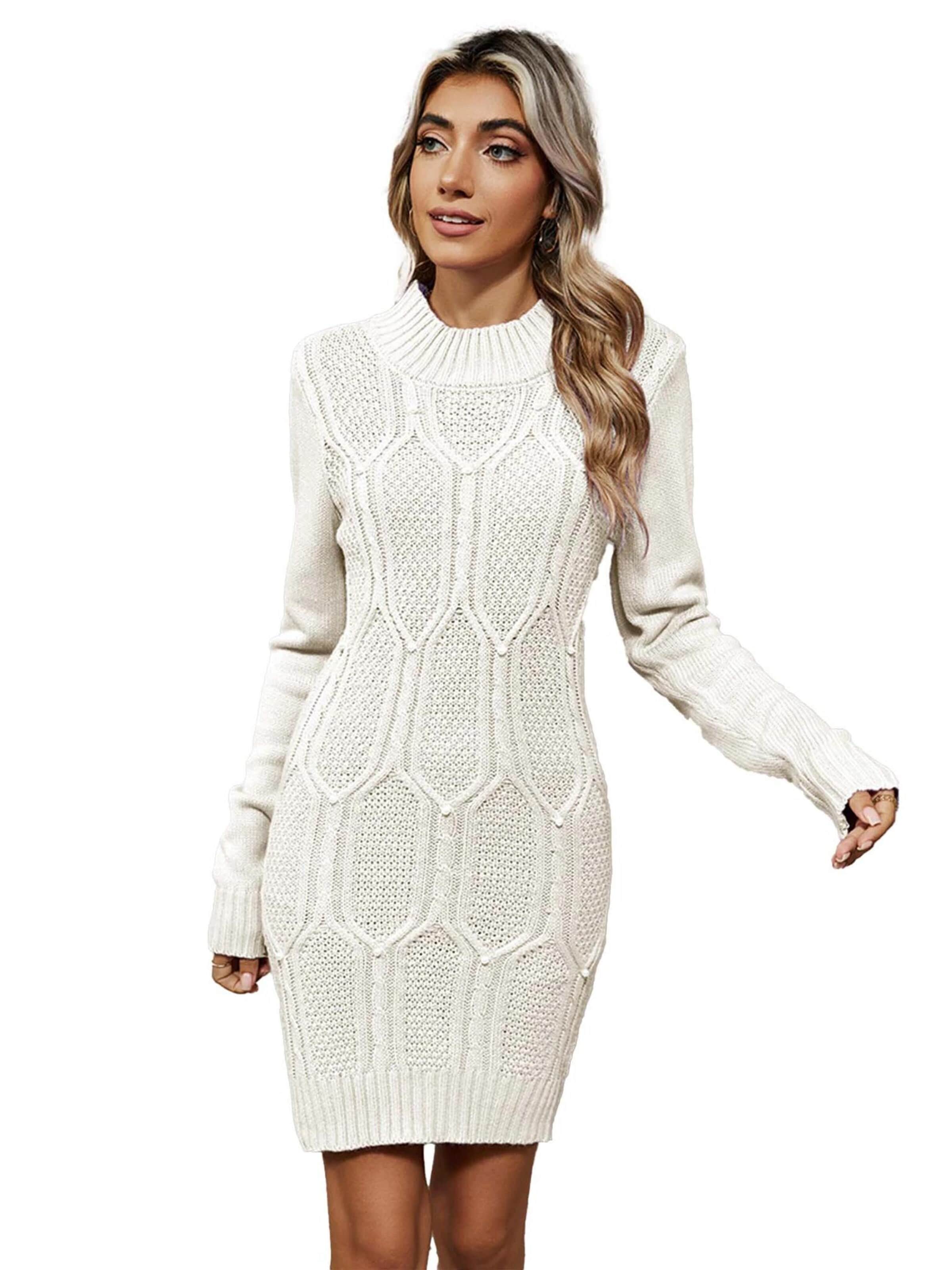 KoJooin Sukienka z dzianiny 'Damen-Strickkleid mit Perlenverzierung, langen Ärmeln und figurbetontem Schnitt' w kolorze biały
