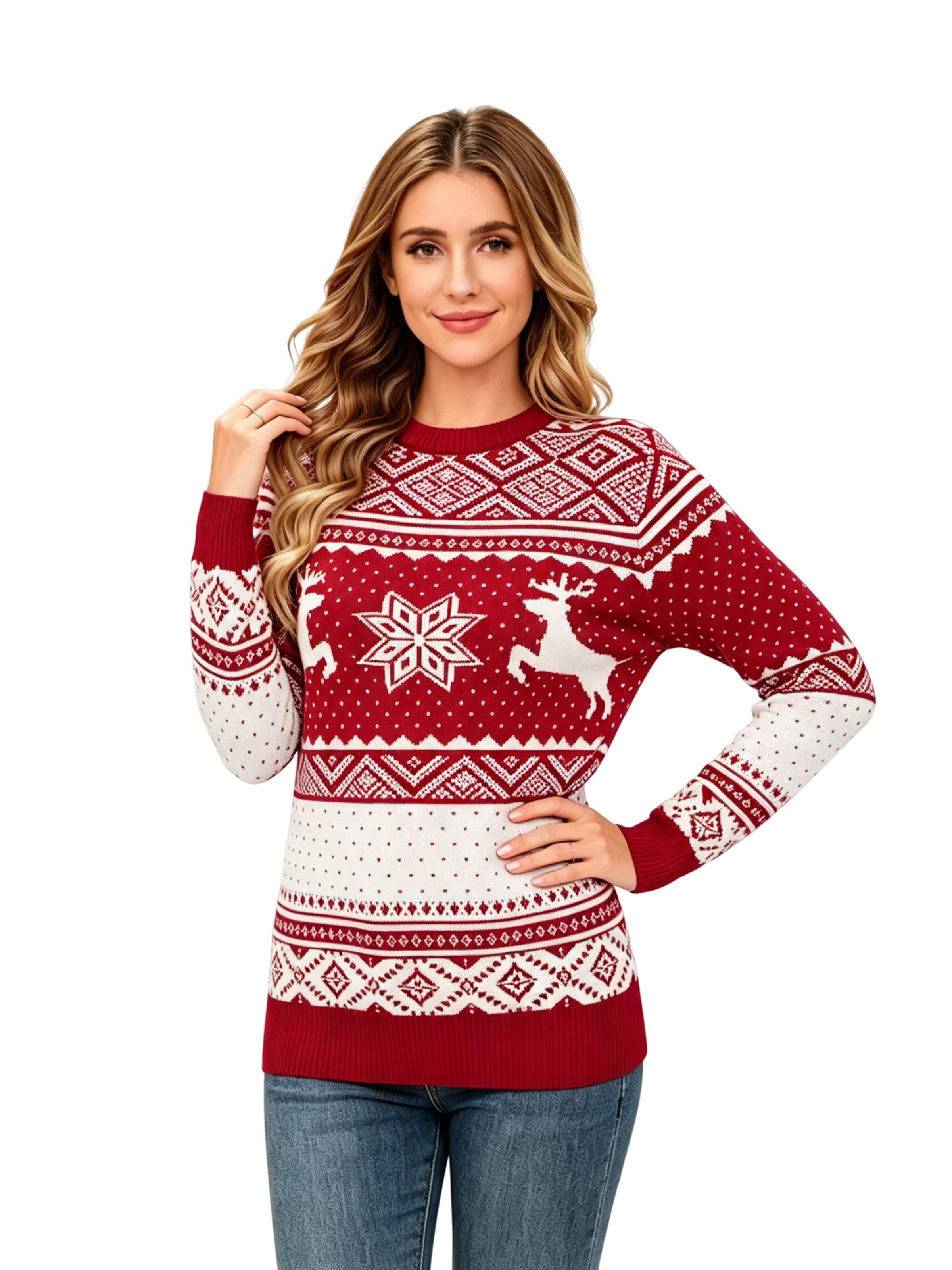 KoJooin Svetr 'Weihnachtspullover für Damen Langarm Pullover mit Rundhalsausschnitt' – červená: přední strana