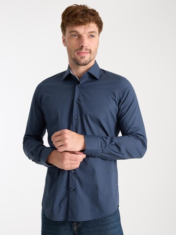 7Camicie - Ajuste estrecho Camisa de negocios 'Firenze Sport Poplin Stretch Man Shirt White' en azul