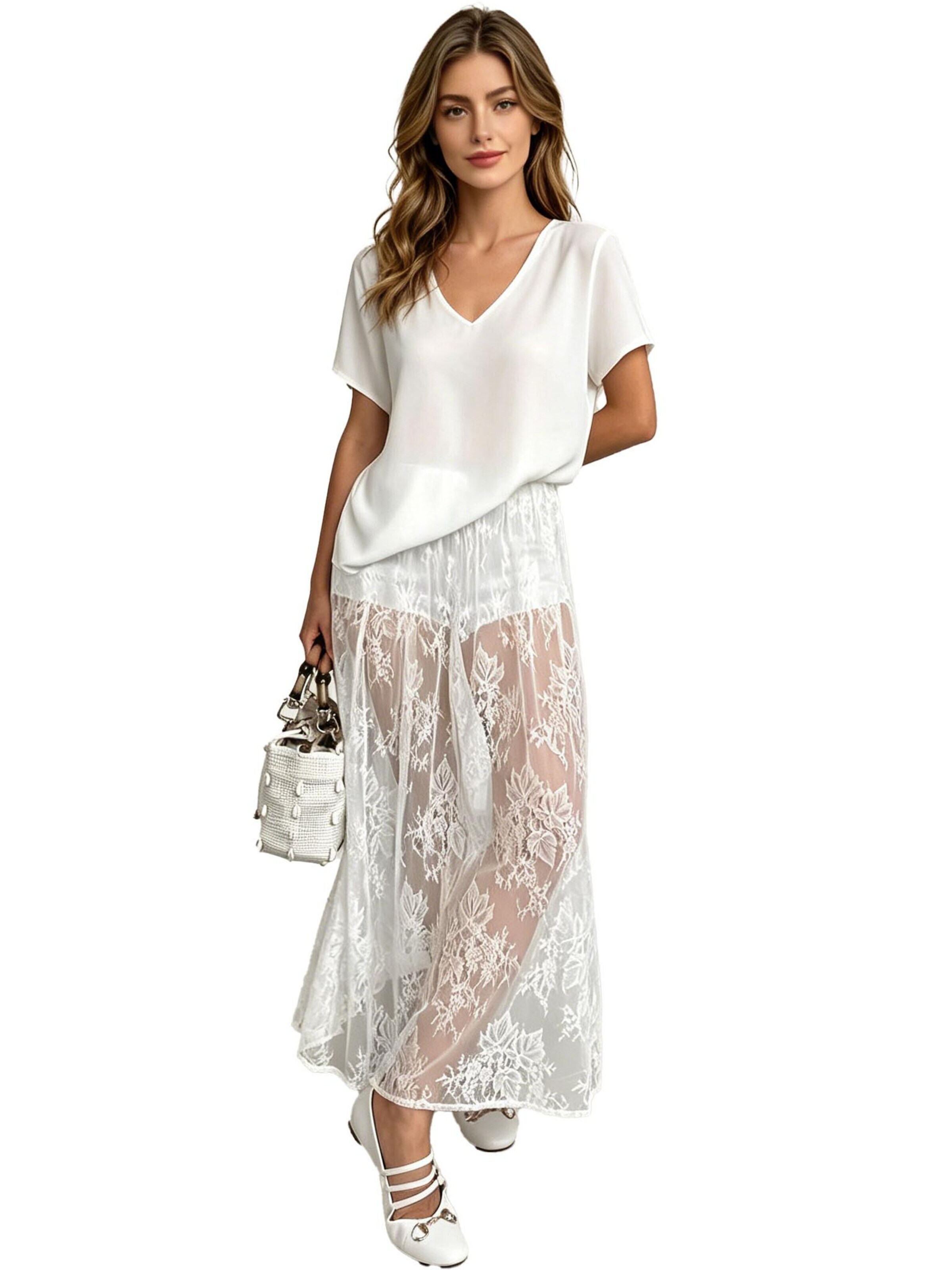 KoJooin Skirt 'Transparenter Maxirock aus Spitze für Damen,hochtailliert,aus durchsichtigem Mesh,A-Linie,fließend' in White