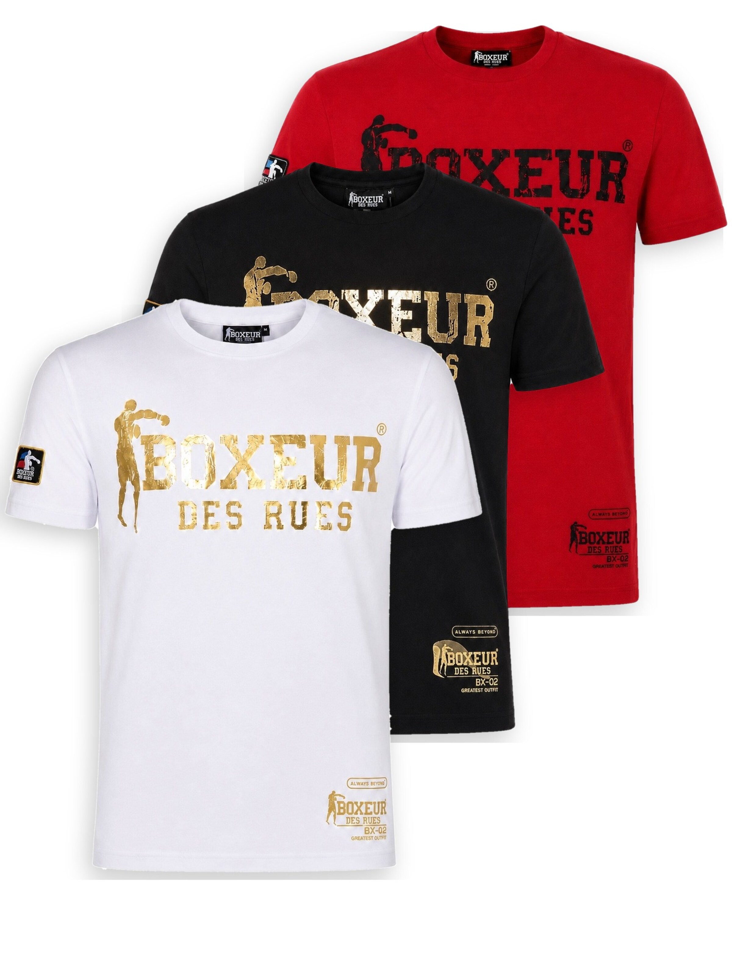 Boxeur des Rues Shirt 'Herren T-Shirt 3er-Pack Boxeur des Rues Slim Fit: Weiß, Goldenes Logo + Schwarz, Goldenes Logo + Rot, Schwarzes Logo' in Gemengde kleuren: voorkant