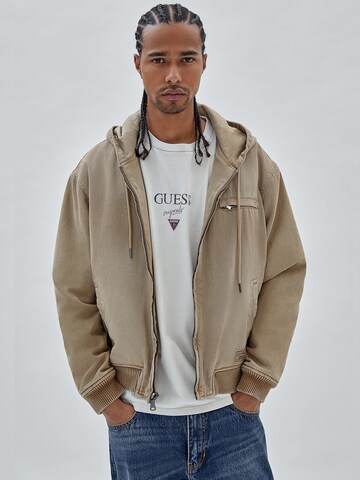 GUESS Zip-Up Hoodie in Beige: front