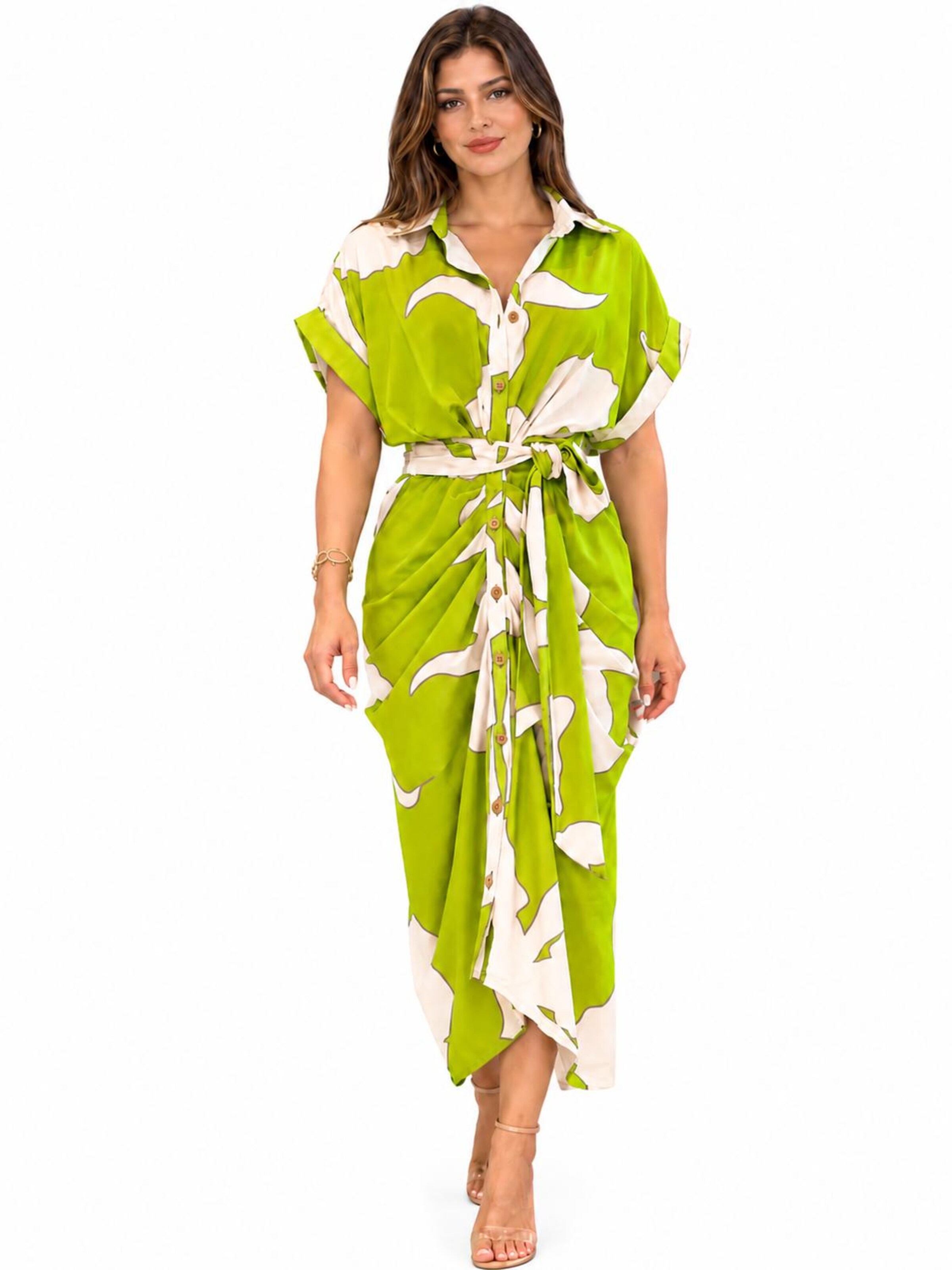 SPORTS36.NL Jurk 'Women's Short-Sleeve Shirt Dress with Waist Tie' in Groen: voorkant