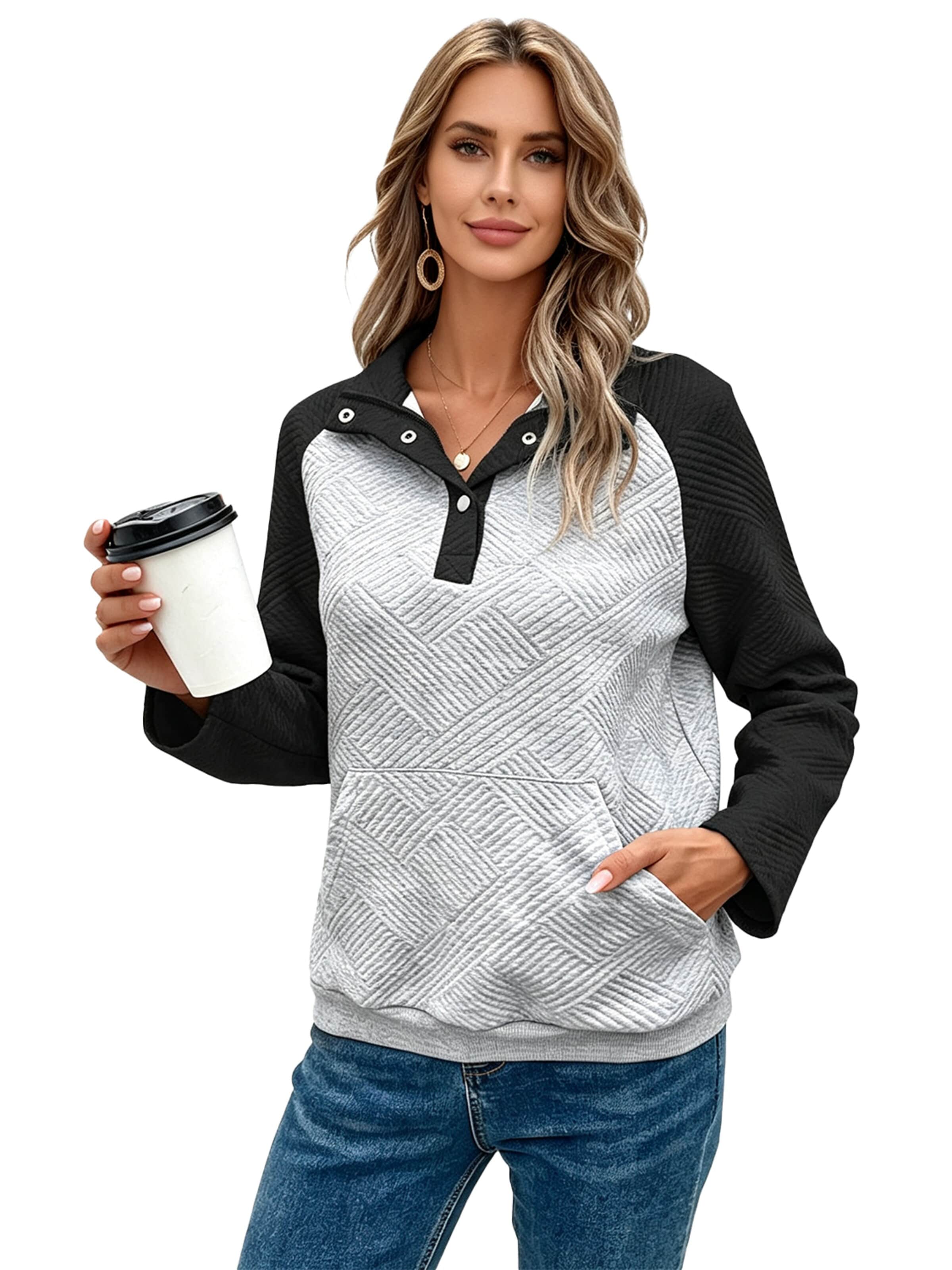KoJooin Blouse 'Damen Langarm Pullover mit Polo-Kragen im Colorblock-Design – Lässiger und schlichter Freizeitstyle' in XL in Black, Item view