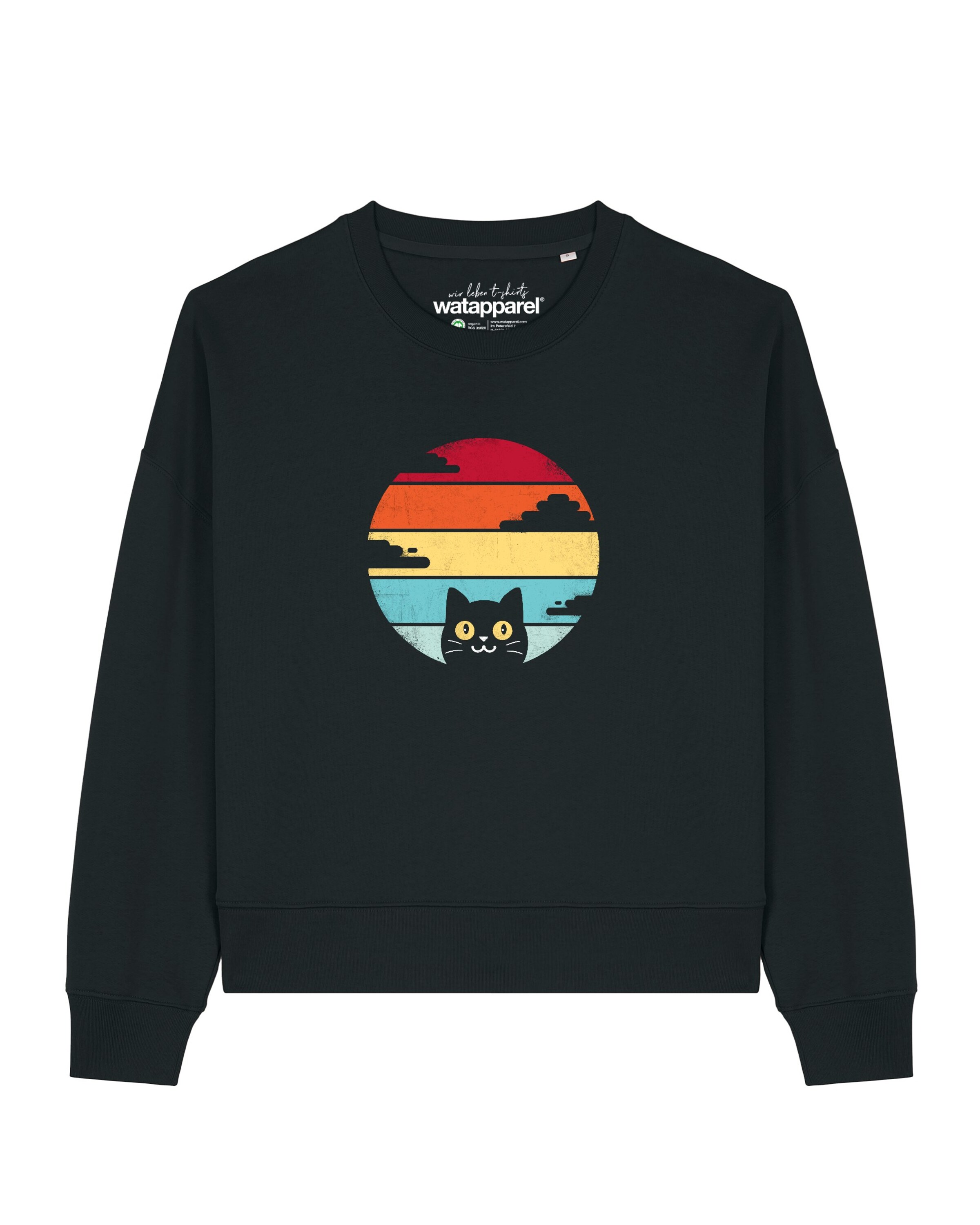 Watapparel Sweatshirt 'Retro Sunset Cat' in Schwarz: Vorderseite