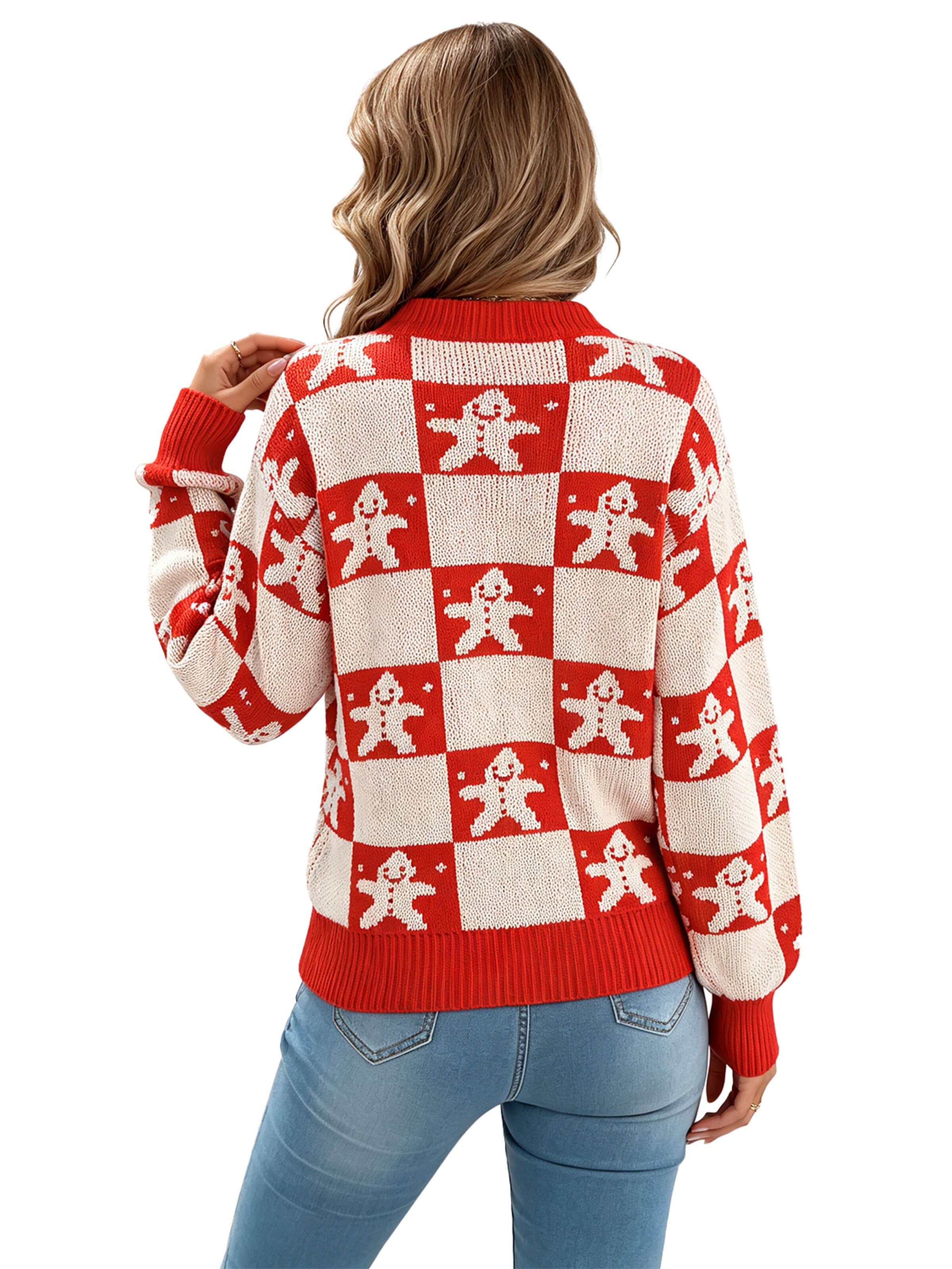 KoJooin Pullover 'Damen Weihnachtspullover mit Rentier- und Karomuster – Gemütlicher Langarm-Pullover mit Puffärmeln' in Rot