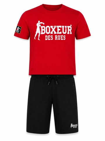 Tenue d'intérieur 'Herren Set Boxeur des Rues: Baumwollshorts Schwarz + Slim-Fit T-Shirt Rot, Weißes Logo' Boxeur des Rues en rouge : devant