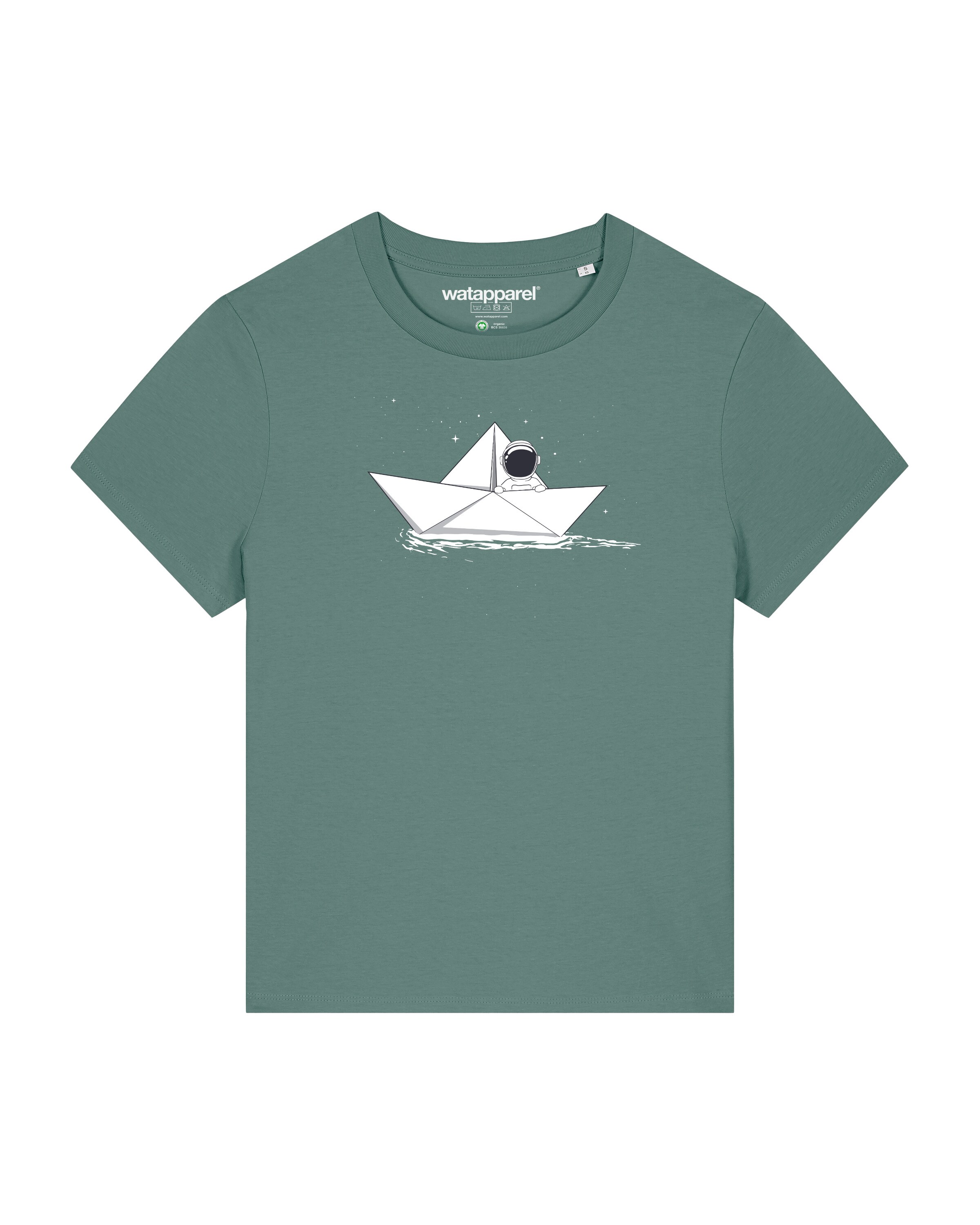 Watapparel Shirt ' Astronaut in paper boat ' in Green: front