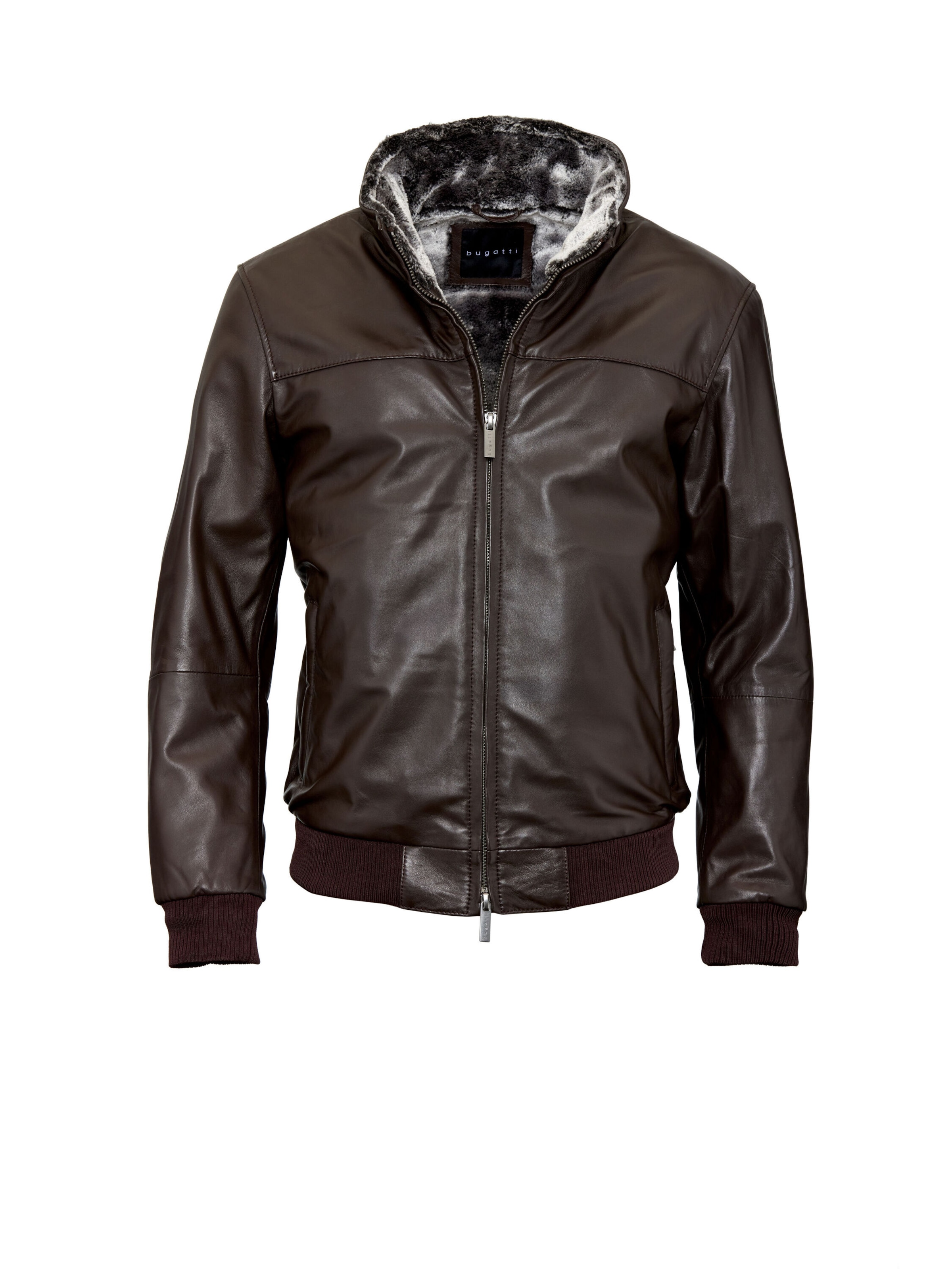 bugatti Lederjacke 'BUARTURO' mit Rippbündchen an Ärmeln und Bund, Kunstfell in Braun: Vorderseite