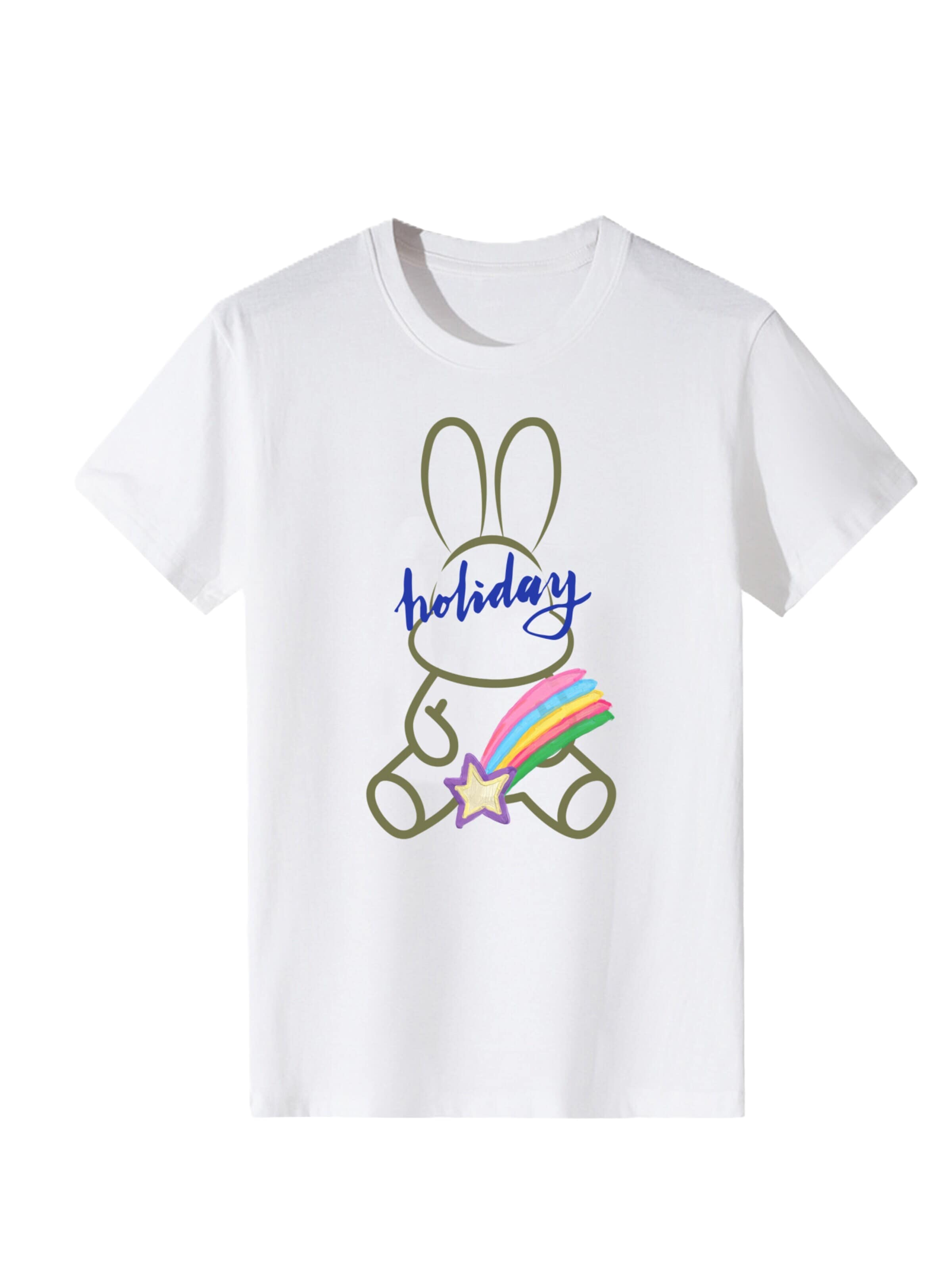 T-shirt 'Women Minimal Line Drawing Rabbit with Rainbow Holiday Print T-Shirt' LapaPlus en blanc : devant
