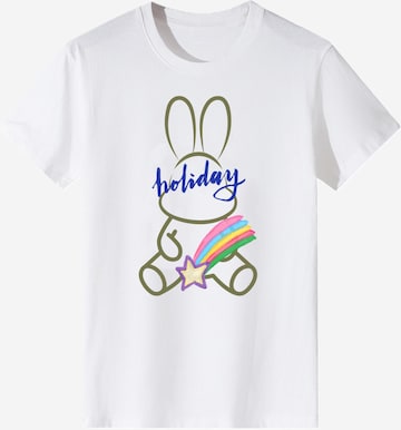 T-shirt 'Women Minimal Line Drawing Rabbit with Rainbow Holiday Print T-Shirt' LapaPlus en blanc : devant