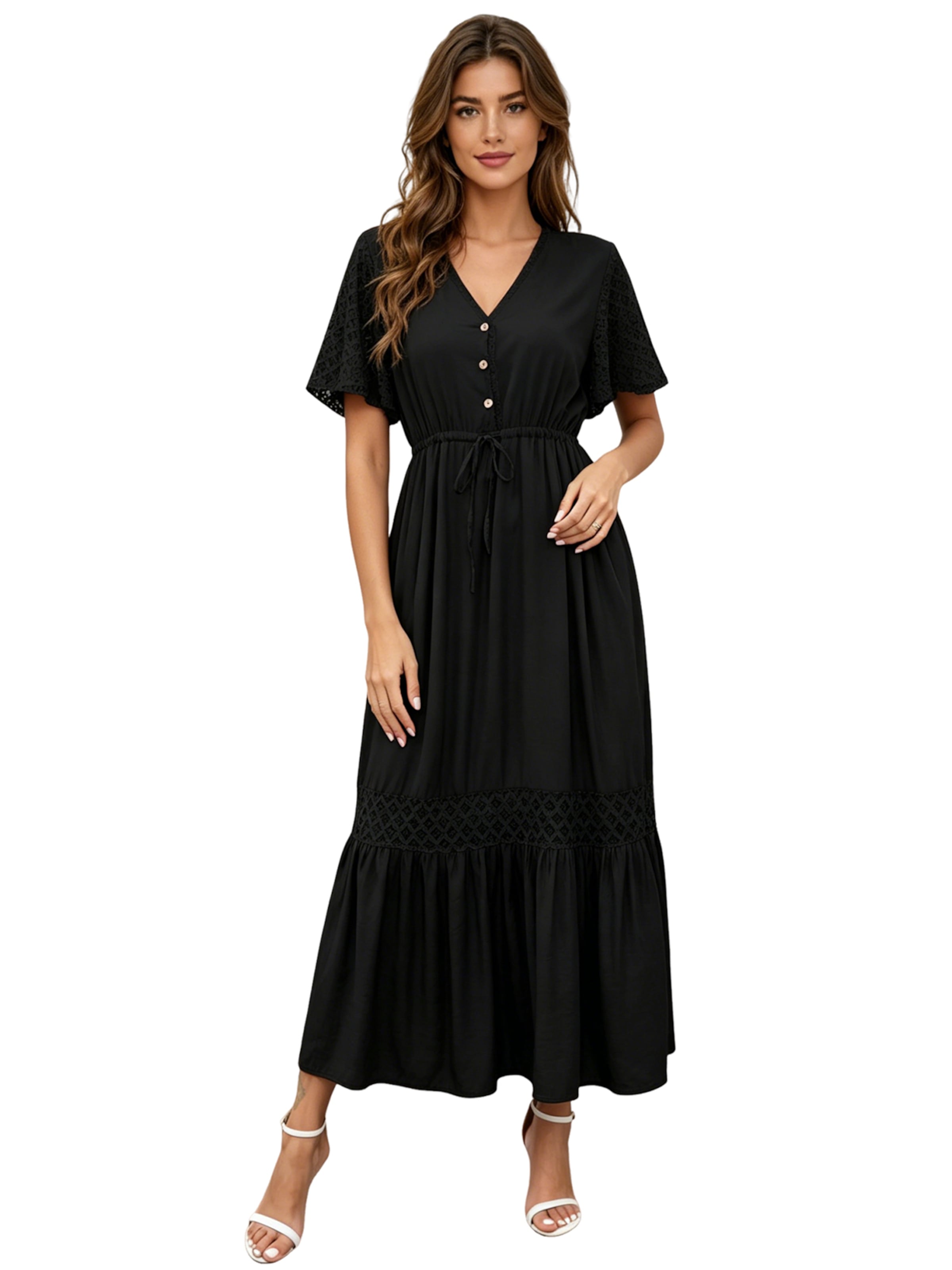 KoJooin Dress 'Maxikleid Damen V-Ausschnitt Spitzenärmel Langes Sommerkleid für Urlaub and Alltag' in Black: front