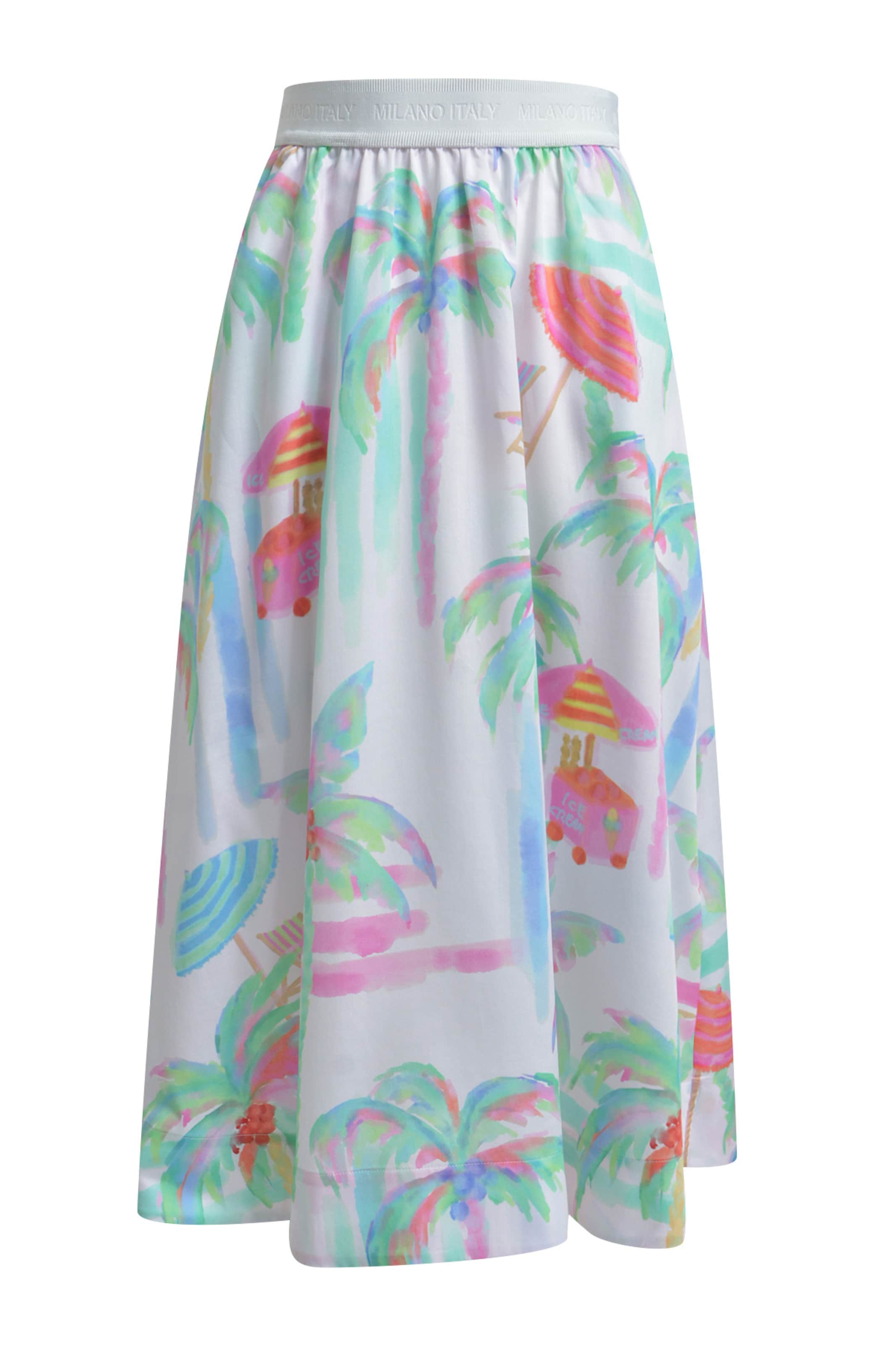 Milano Italy Midirock mit Elastikbund und Beach All Over Print in Beige: Vorderseite