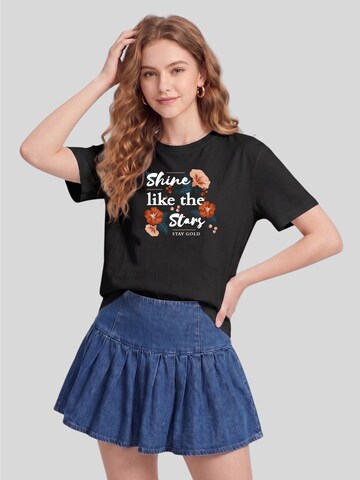 LapaPlus Shirt 'Women Vintage Blue Flower Shine like the Stars Literary Print T-Shirt' in Zwart: voorkant