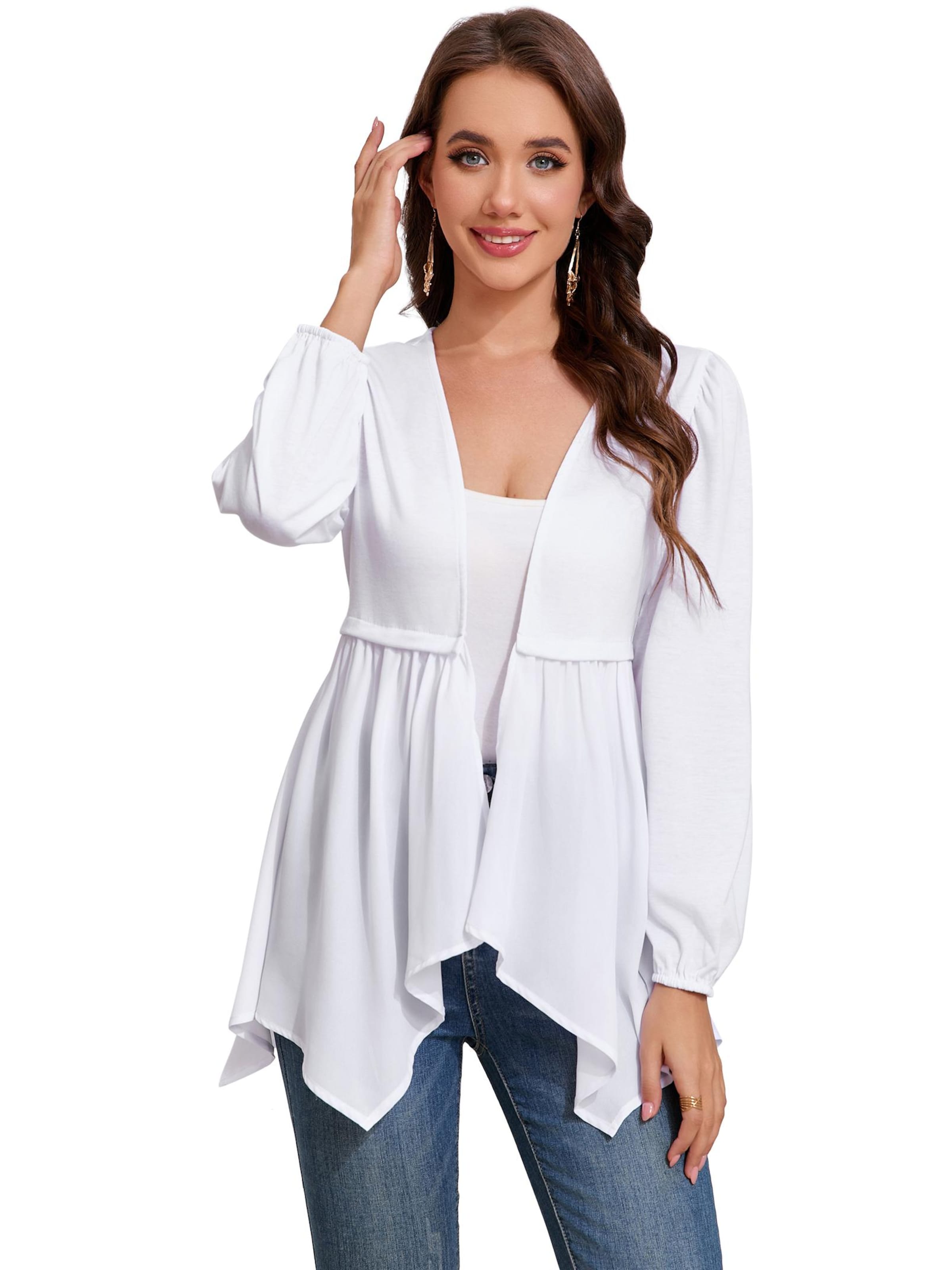 KoJooin Blazer 'Damen-Cardigan mit drapierter Vorderseite, langen Ärmeln und asymmetrischem Wasserfallsaum, leicht' in White: front