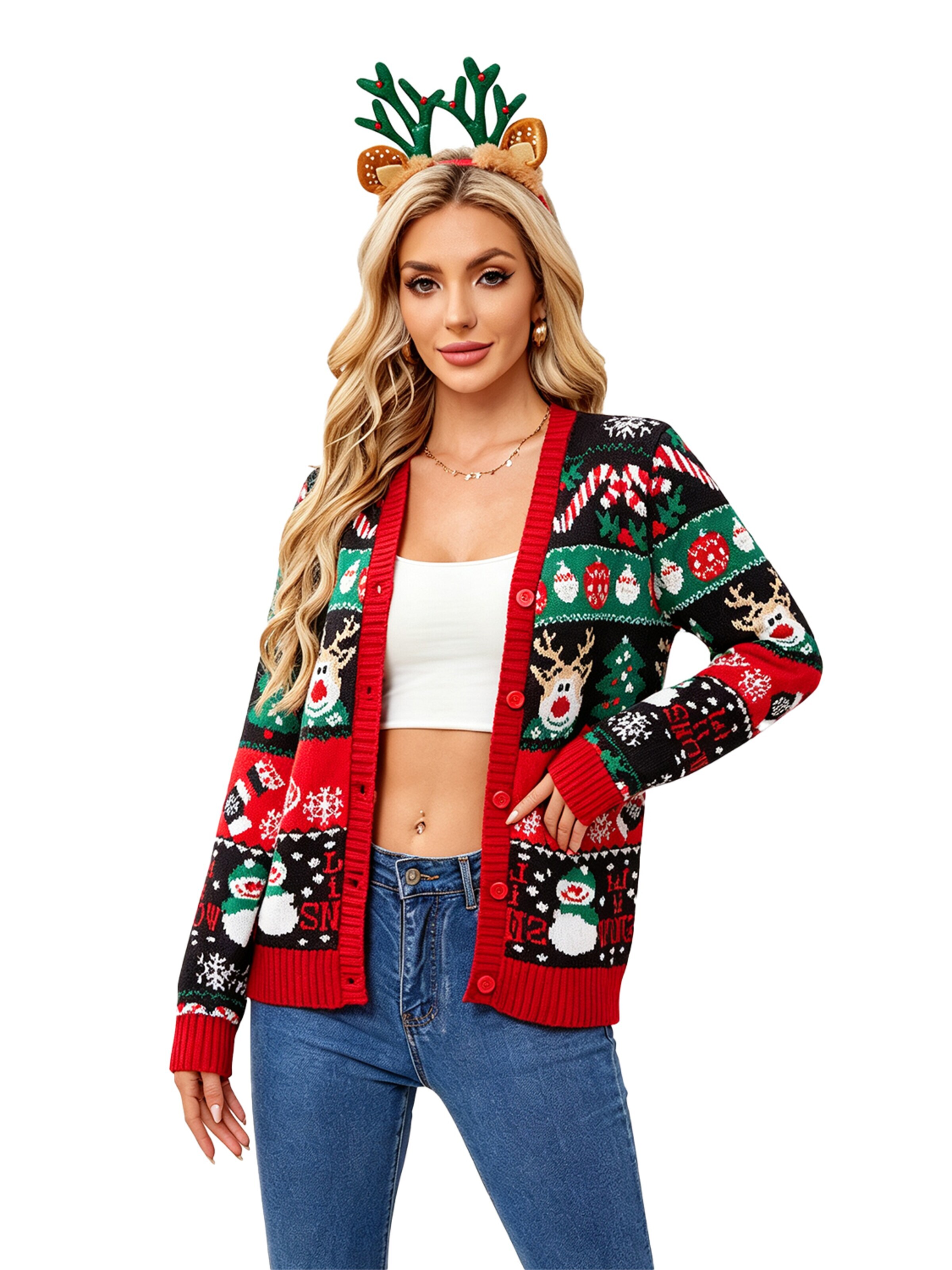 KoJooin Knit cardigan 'Damen Ugly Christmas Sweater mit Rentier Lustiger festlicher Strickpullover mit Schneeflocken' in Black: front
