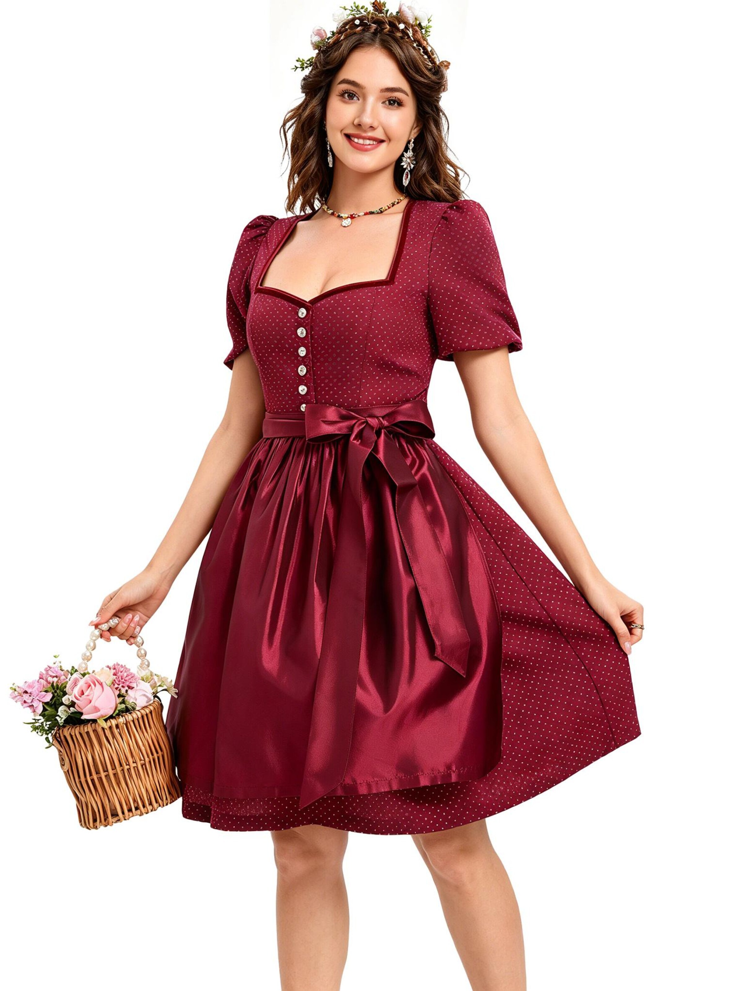 KoJooin Dirndl 'Damen 2-Teiliges Dirndl-Stil Set Mit Puffärmeln, Knopfleiste Und Schürze' w kolorze czerwony