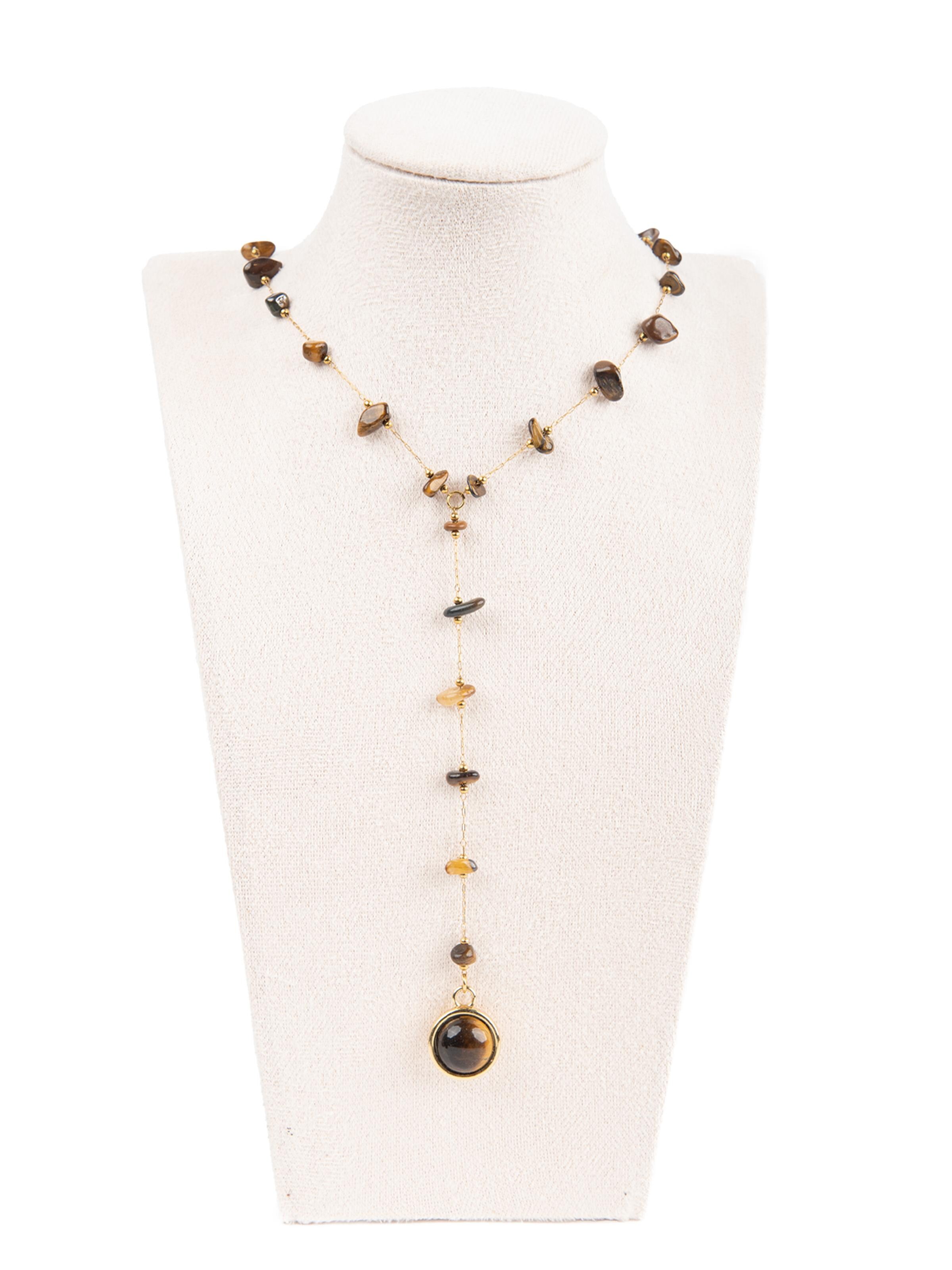 MayTree Necklace 'Edelstahl Y-Kette 18K vergoldet mit Tiegerauge-Anhänger' in Gold