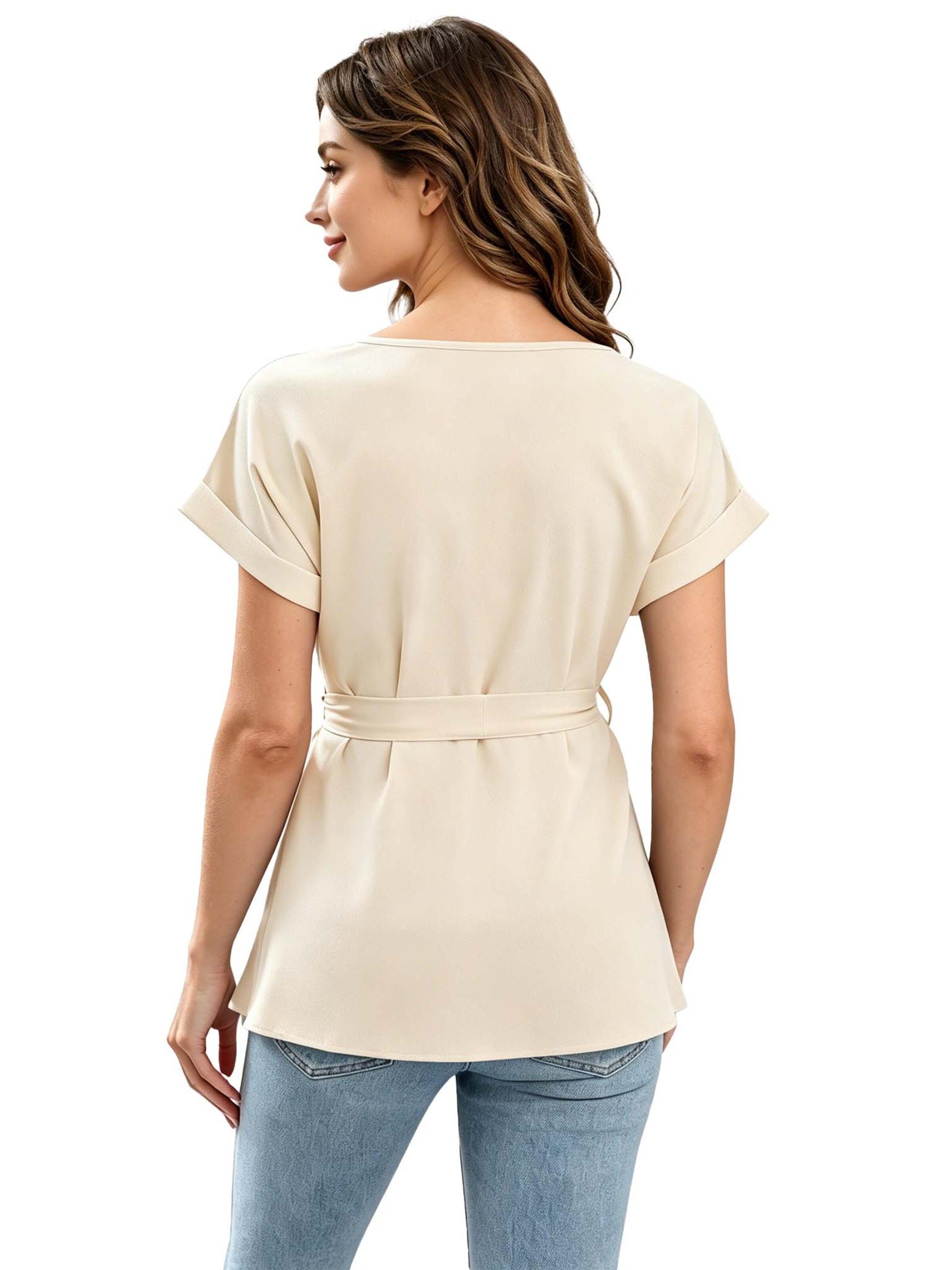 KoJooin Bluse 'Damen-T-Shirts, Kurzarm, Sommertops, plissiert,mit Bindeband vorne, lässige Blusen, Kleidung'‌ in Beige