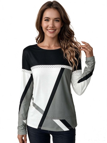 KoJooin Top 'Damen Langarmshirt mit Rundhals, Kontrasteinsätzen und geometrischem Print' w kolorze szary