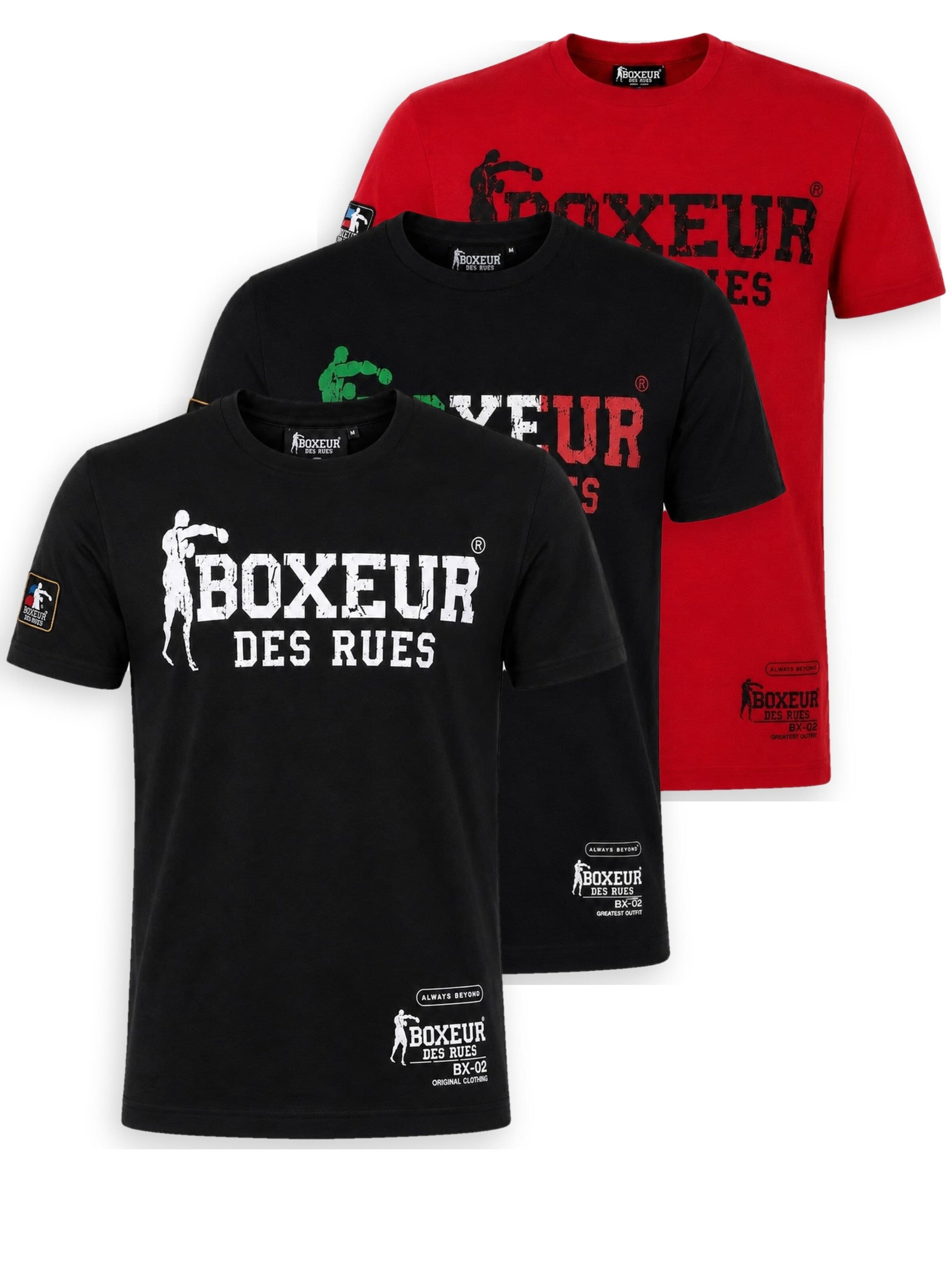 Boxeur des Rues Shirt 'Herren T-Shirt 3er-Pack Boxeur des Rues Slim Fit: Schwarz, Logo weiß + Schwarz, Logo dreifarbig + Rot, Logo schwarz'‌‌‌‌‌ in M/Regular in mischfarben, Produktansicht