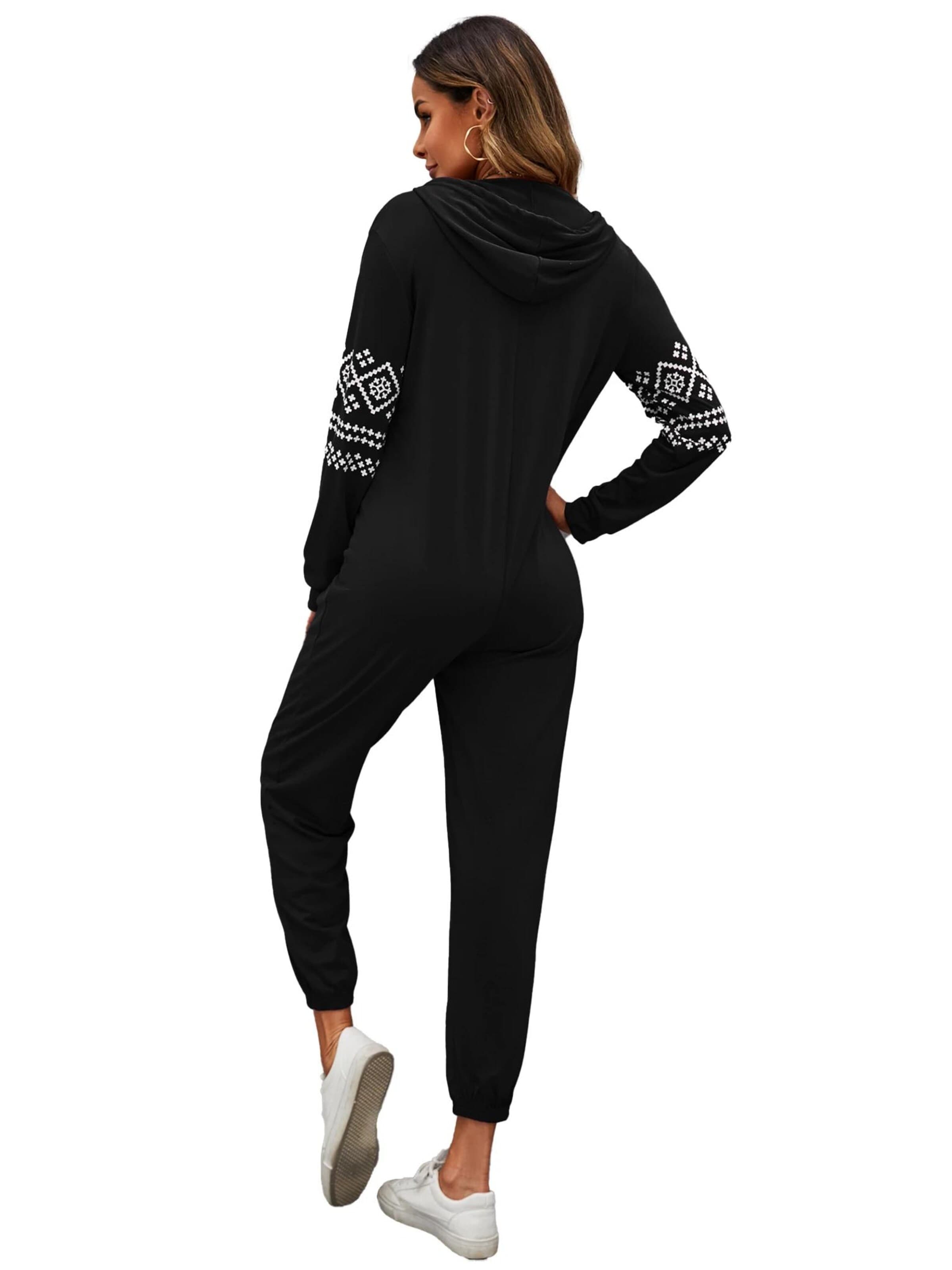 KoJooin Kombinezon 'Damen Overall mit Print, Kapuze, Kordelzug, langen Ärmeln und Taschen Bequemer Freizeit Jumpsuit' w kolorze czarny
