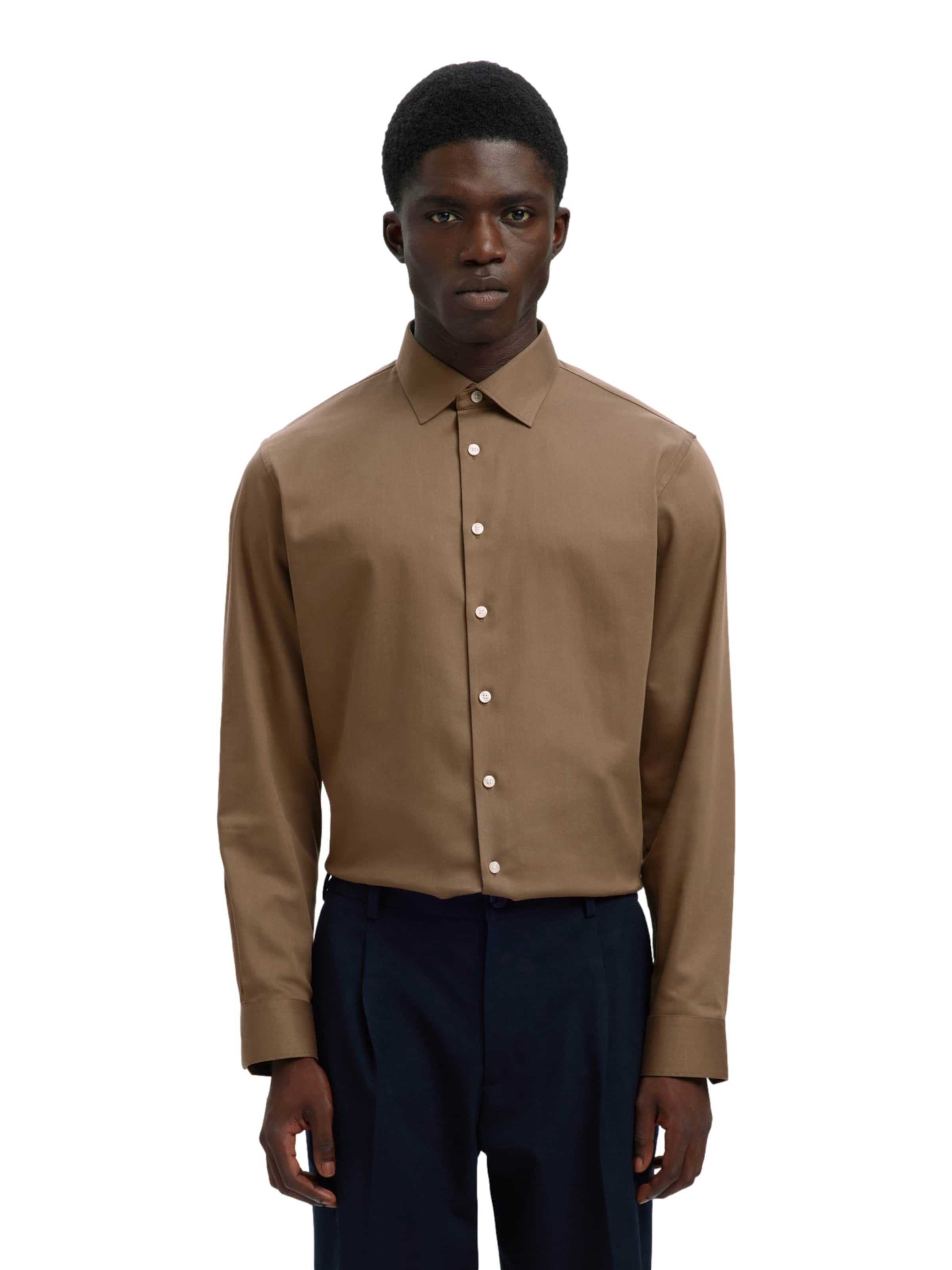 SELECTED Slim Fit Риза в кафяво: отпред