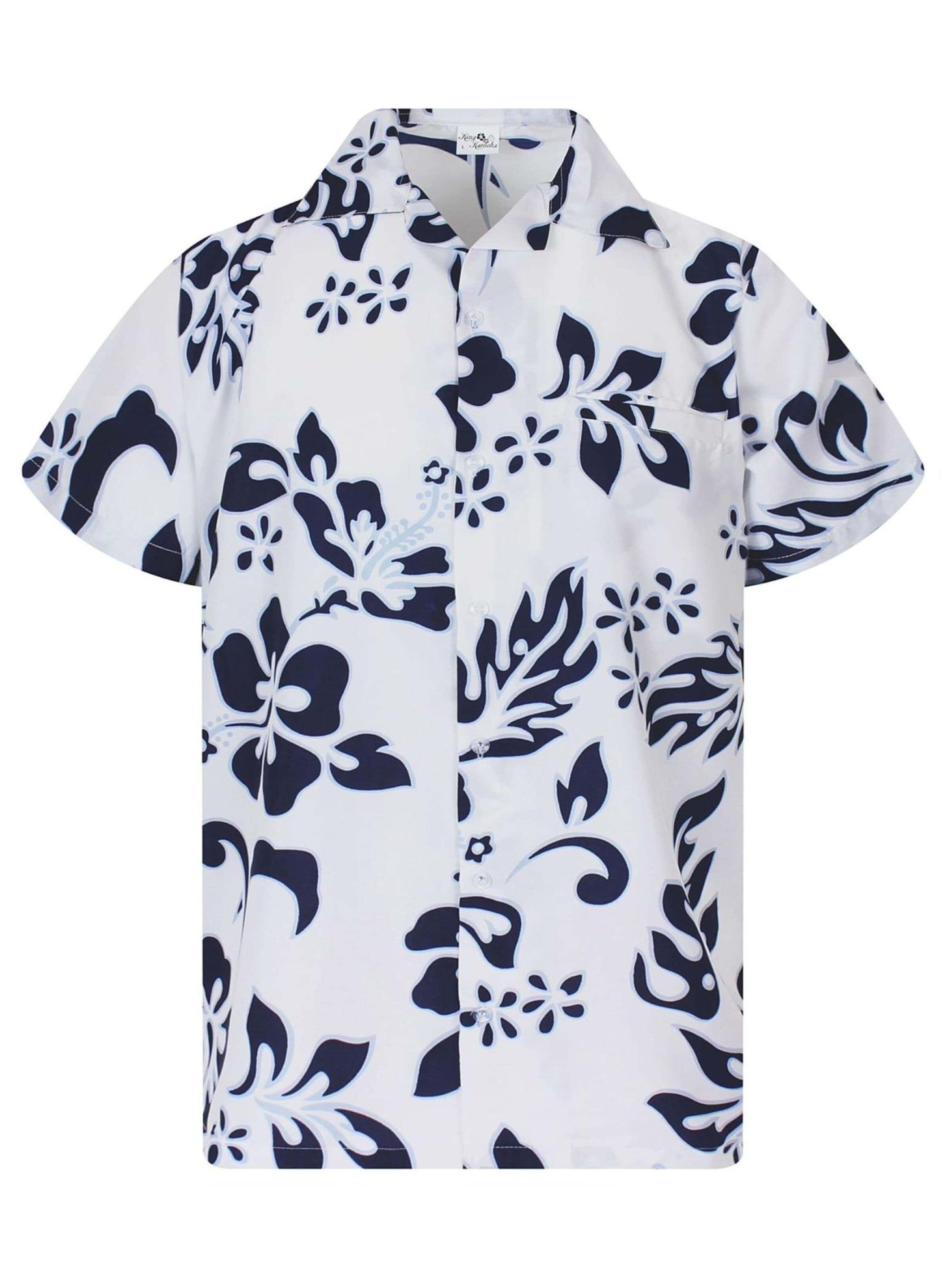King Kameha Shirt 'Hibiscus White Line' in Blauw: voorkant