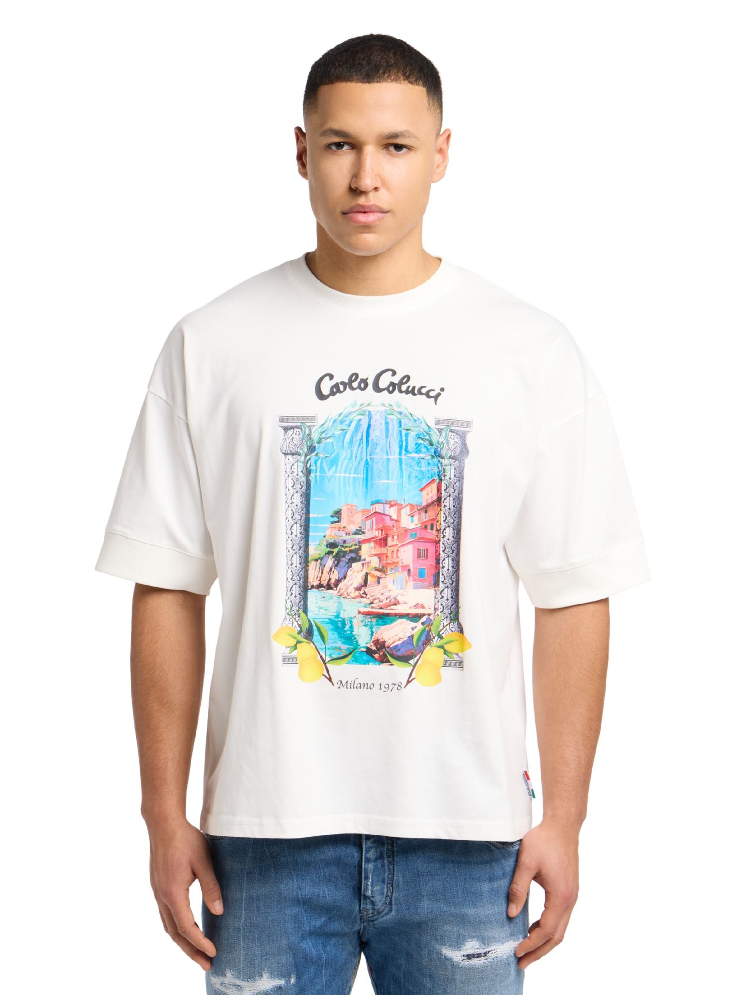 balts Carlo Colucci T-Krekls 'Casa Carlo': no priekšpuses