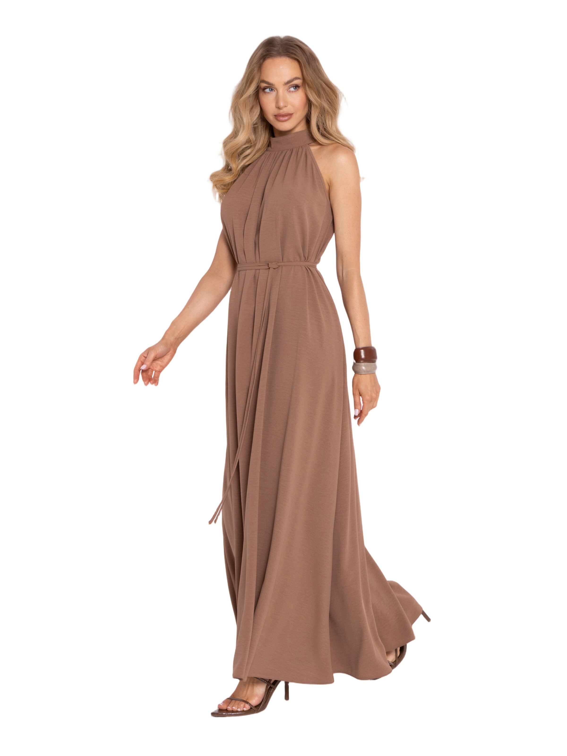 made of emotion Šaty 'Sukienka maxi halter neck z paskiem' – hnědá: přední strana