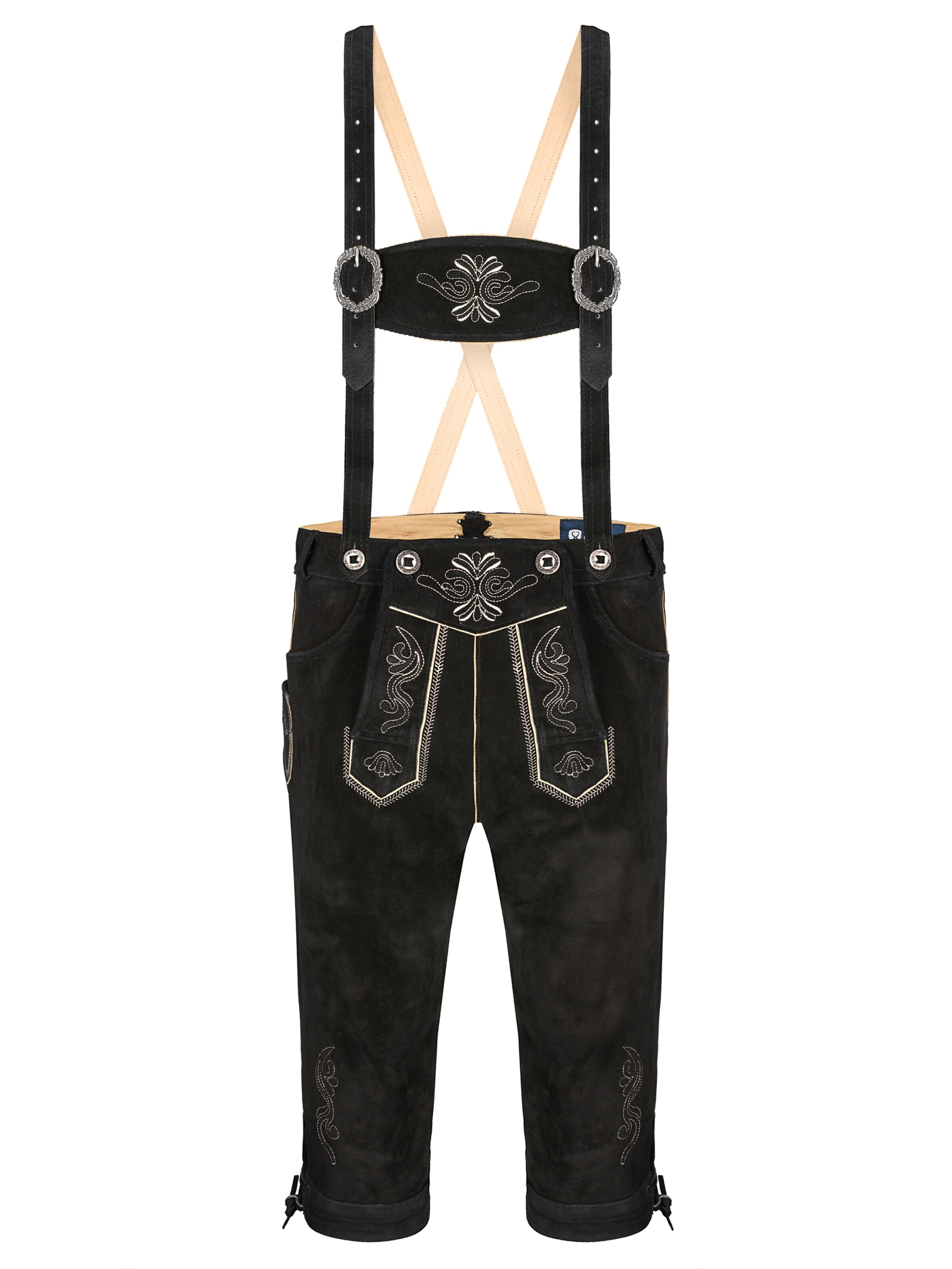 Almbock Skinny Trachtenhose 'Trachtenlederhose Herren Kniebund schwarz'‌‌‌‌‌‌ in Schwarz