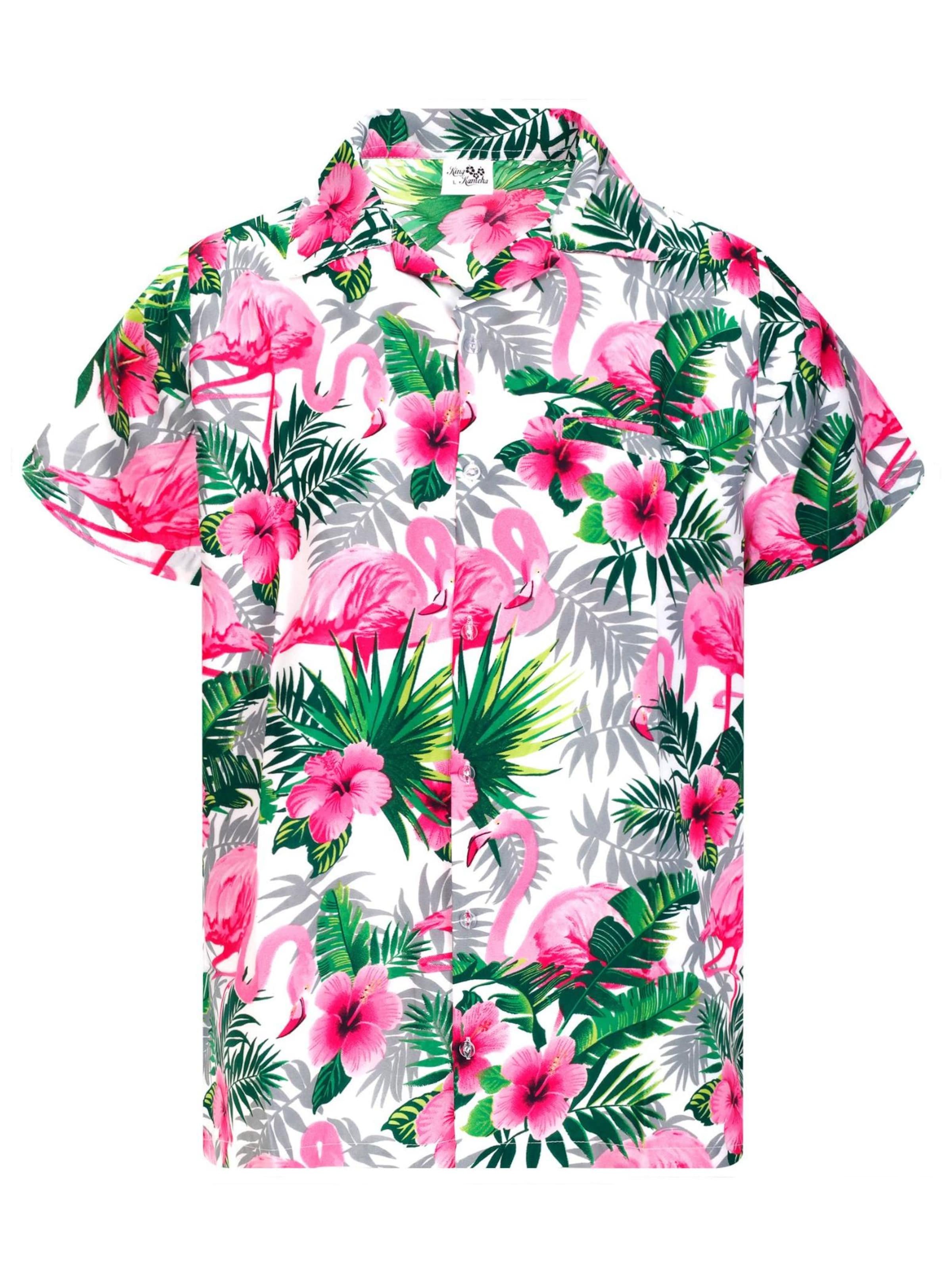King Kameha Shirt 'Flamingo Flowers' in White: front