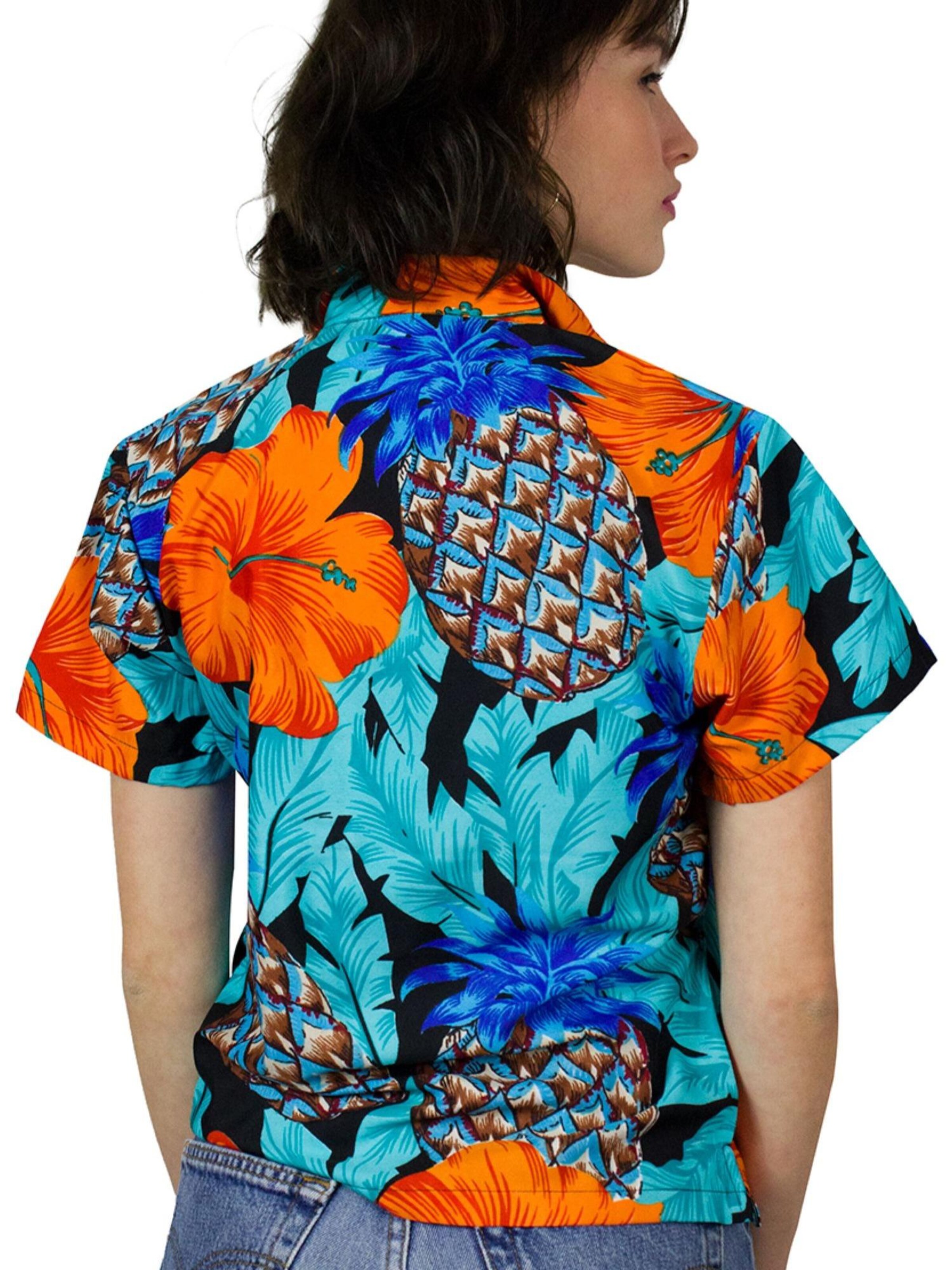 King Kameha Bluse 'Pineapple Hibiscus Black Line'‌‌‌‌ in Blau
