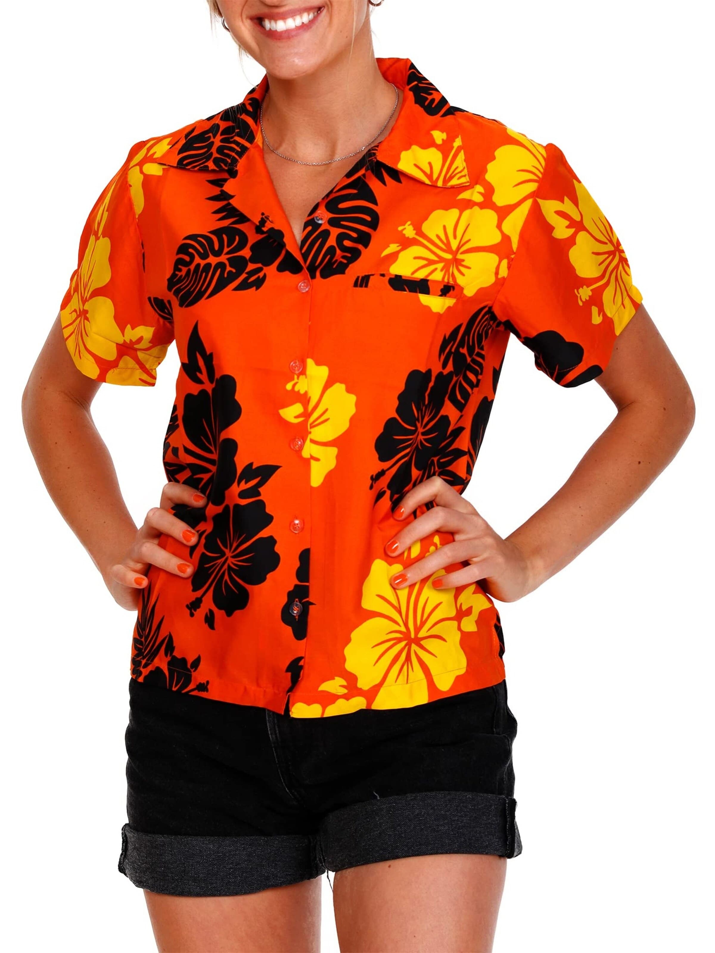 Camicia da donna 'Mono Hibiscus' di King Kameha in arancione: frontale