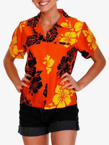Camicia da donna 'Mono Hibiscus' di King Kameha in arancione: frontale