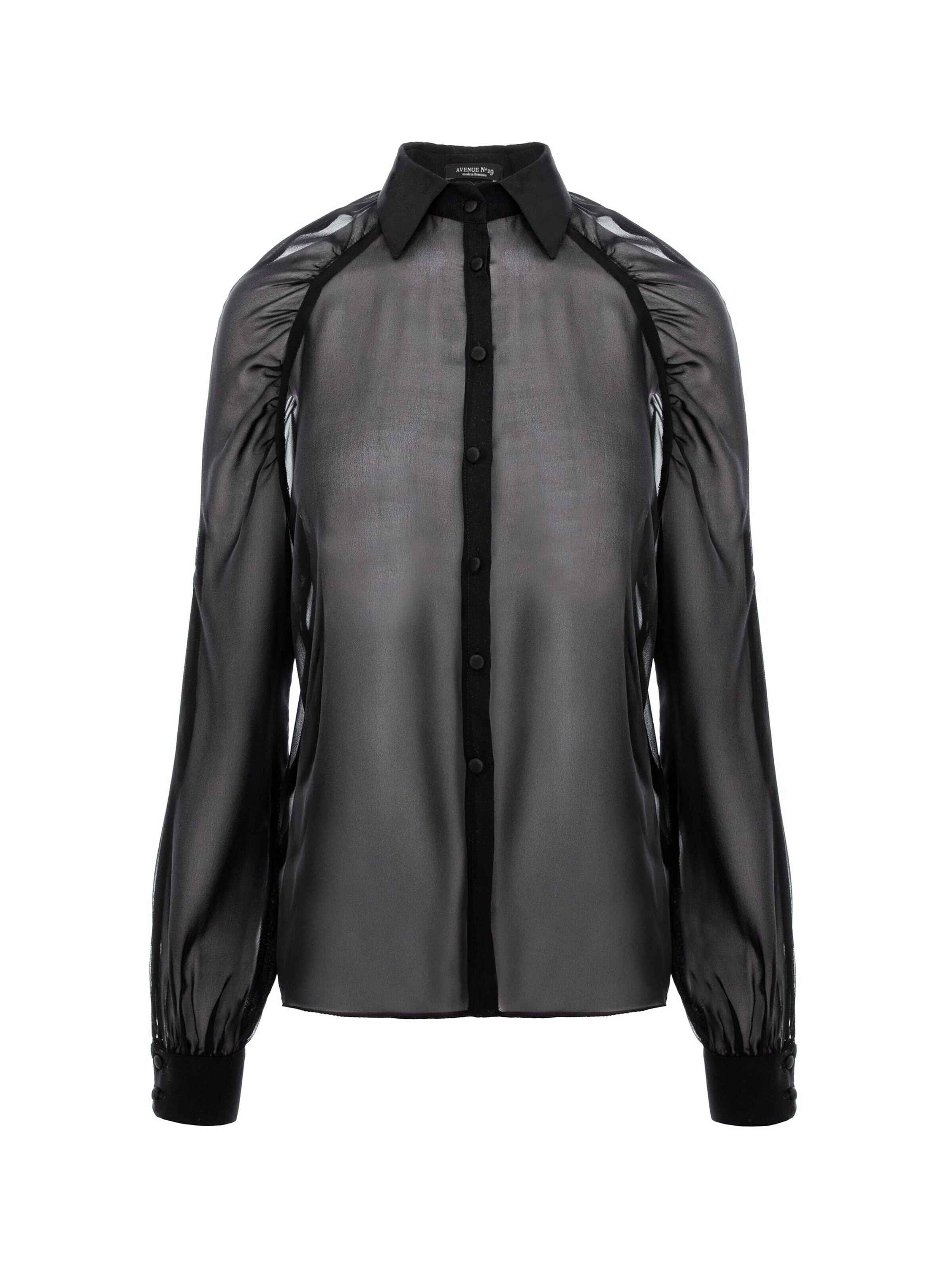 Tricou 'Gathered Raglan Sleeve Silk Buttoned Down Shirt' de la AVENUE N°29 pe negru
