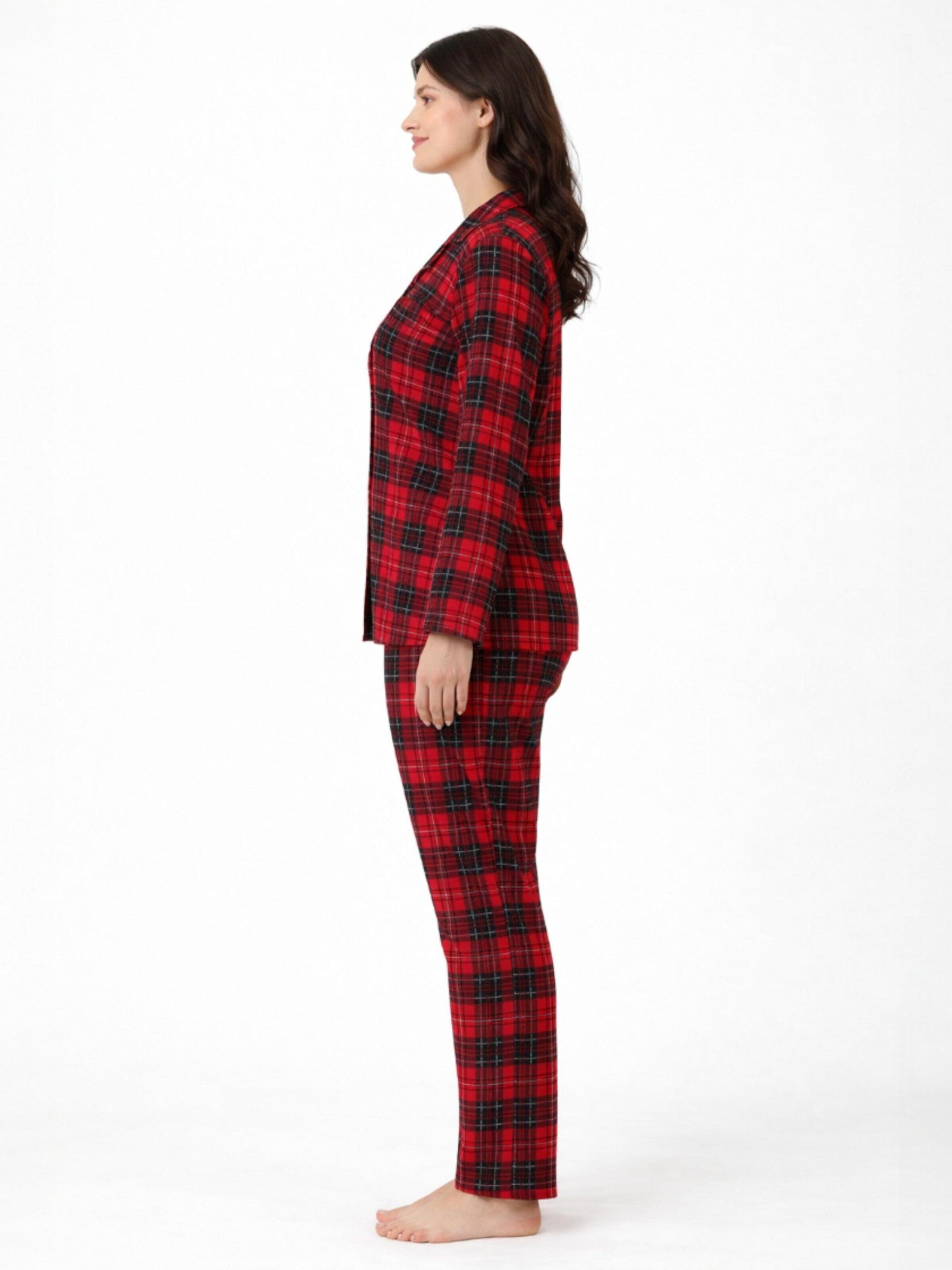 fashionshowcase - Pijama 'Pyjama Damen Schlafanzug Hausanzug Bordeaux kariert mit Knopfleiste' en rojo