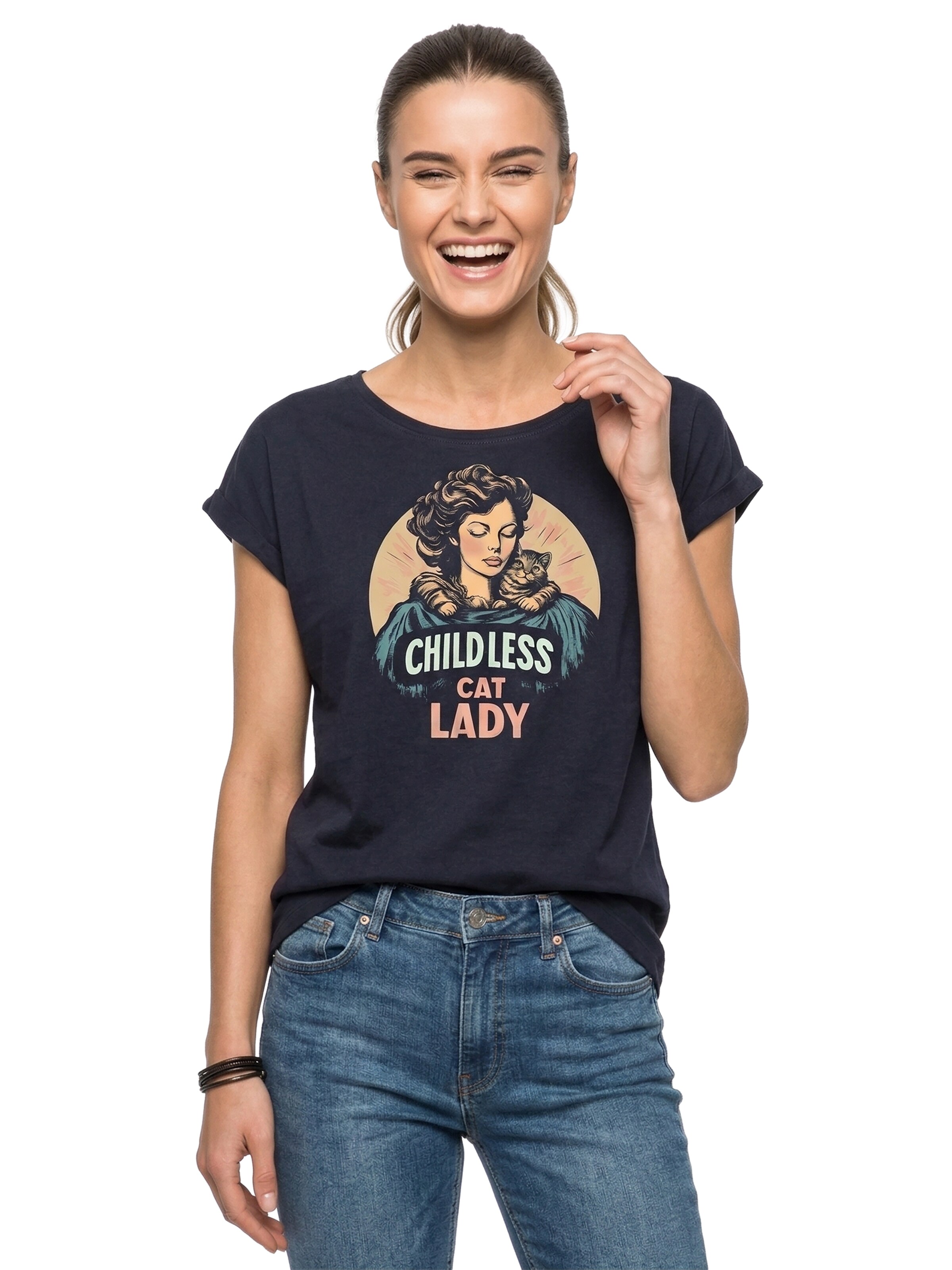 MAKAYA Shirt 'Childless Cat Lady' in Blue