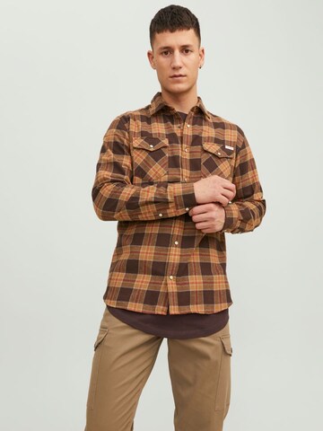 JACK & JONES Slim fit Button Up Shirt 'Sheridan' in Brown: front