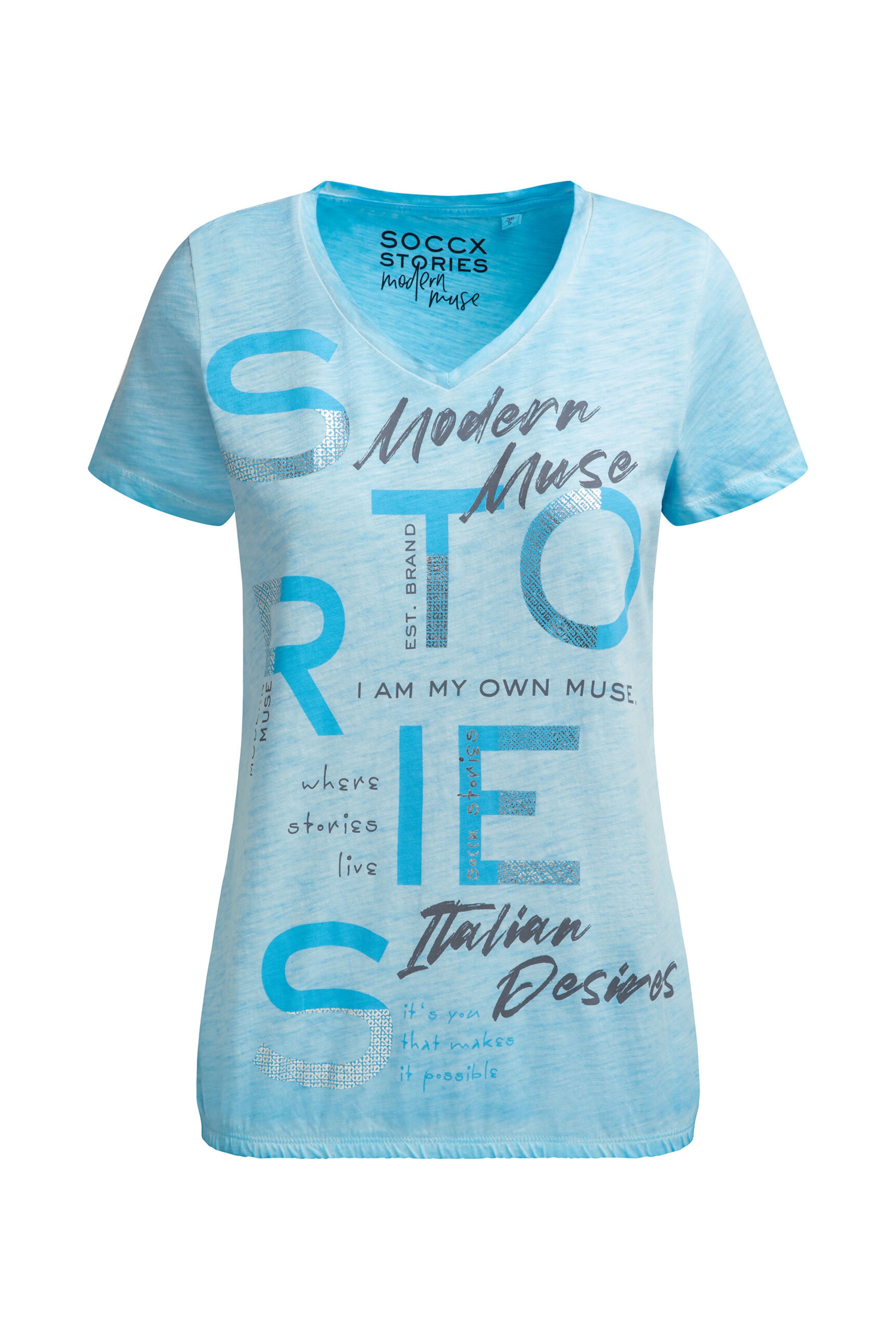 Soccx T-Shirt  V-Neck mit Folienprint und Elastiksaum in Blau: Vorderseite