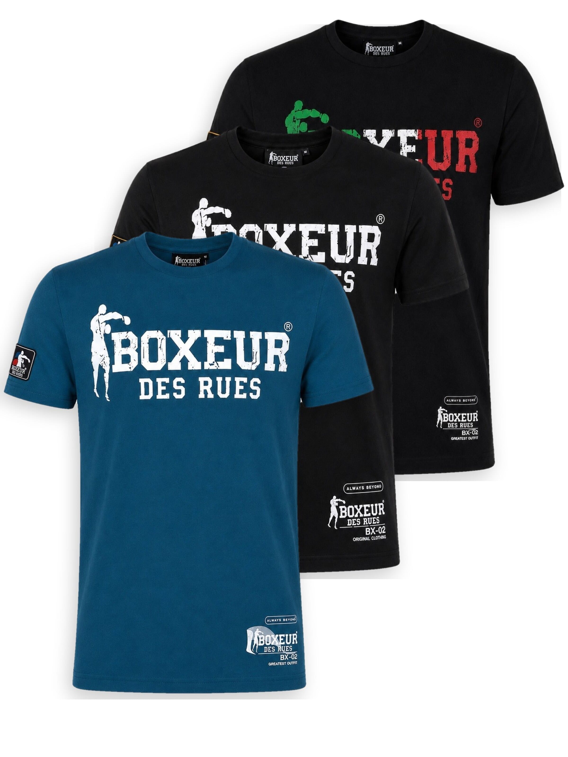 Boxeur des Rues Shirt 'Herren T-Shirt 3er-Pack Boxeur des Rues Slim Fit: Blau + Schwarz, Weißes Logo + Schwarz, Dreifarbiges Logo'‌‌‌ in M in mischfarben, Produktansicht
